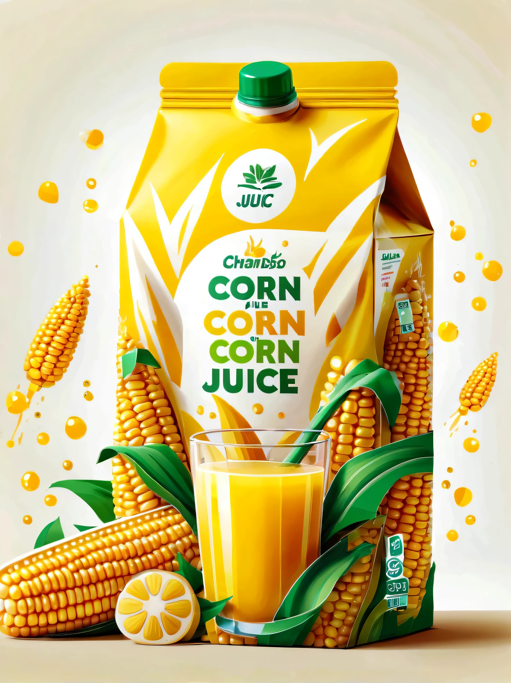 Design modern corn juice packaging，Flat style illustration focusing on corn juice, Highlight its rich nutritional content.The background should be clean、White, Emphasis on simple and practical beauty.Packaging should be in glossy plastic bags designed for HD clarity.Design should be simple and functional, Shoot in natural light，Enhance its professional and attractive appearance，and highlights the freshness and health benefits of corn juice, Glossy plastic packaging bag