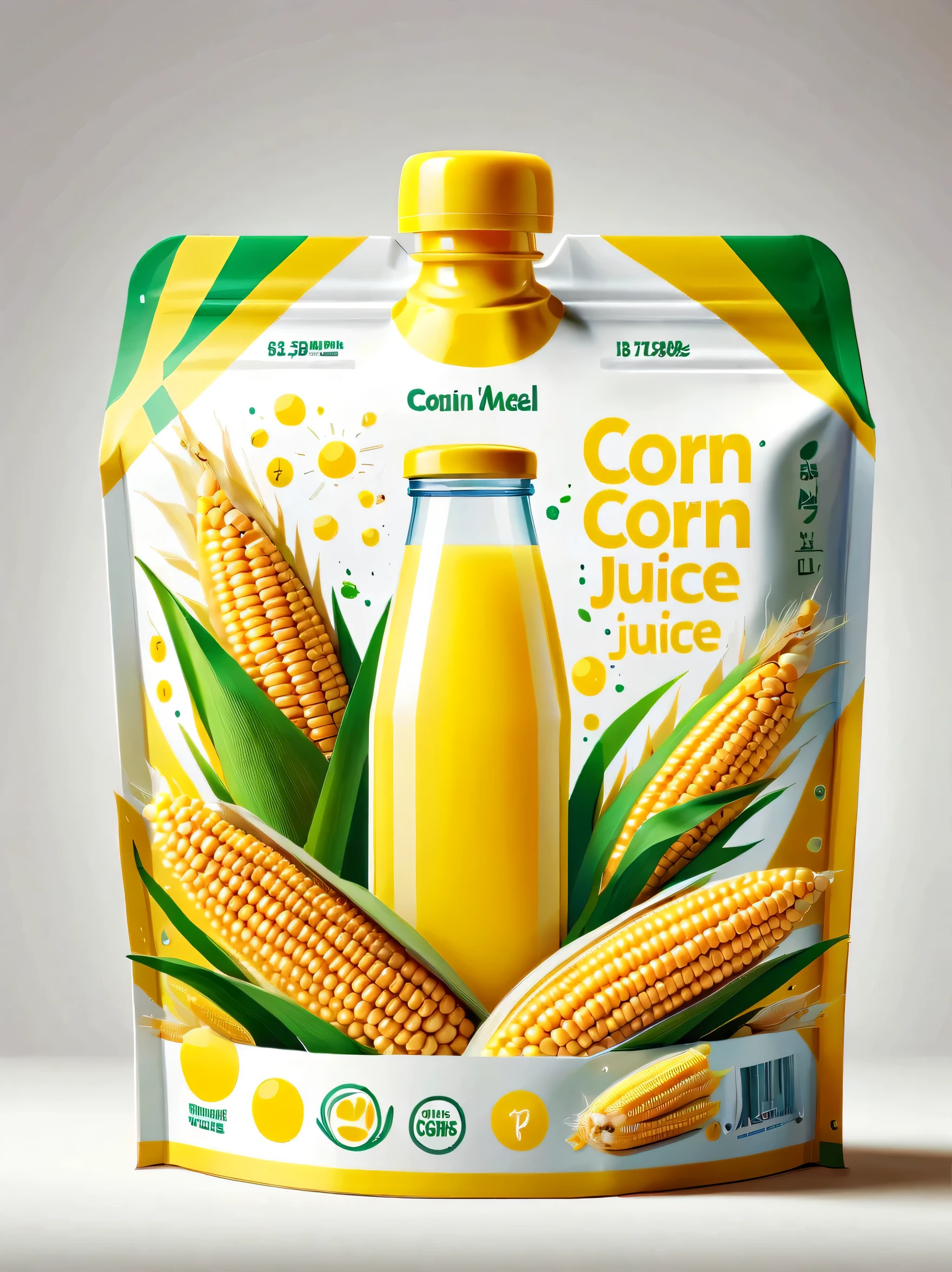 Design modern corn juice packaging,Flat style illustration focusing on corn juice, Highlight its rich nutritional content.The background should be clean、White, Emphasis on simple and practical beauty.Packaging should be in glossy plastic bags designed for HD clarity.Design should be simple and functional, Shoot in natural light,Enhance its professional and attractive appearance,and highlights the freshness and health benefits of corn juice, Glossy plastic packaging bag