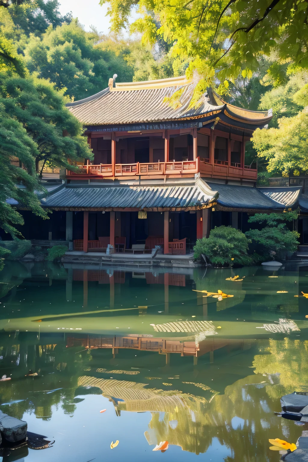 Hand drawing of antique buildings in suburbs, timberwork, The lake is very clear,Fallen leaves float,lotus leaf green,Koi light swim,Taihu Shiwu,Willows fluttering,sunset light,water sparkling。Sunlight shines through the leaves on the ancient house, Surrounded by greenery, warm color, low angle view, natural lighting, Fujifilm camera, extensive composition