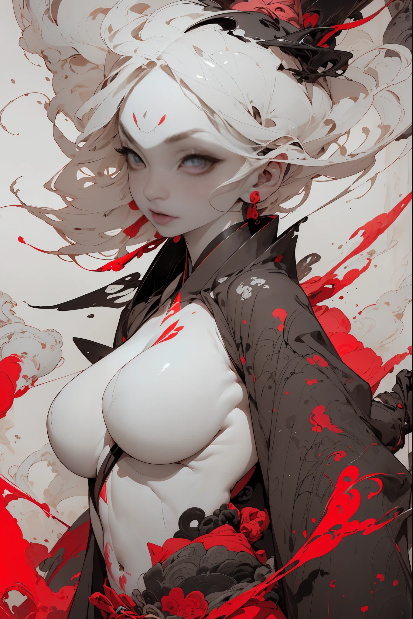 (masterpiece, top quality, best quality, official art, beautiful, cosmic, atmospheric, psychedelic, dreamlike and aesthetic, swirling psychedelic cosmic graffiti patterns:1.2), (1girl), extreme detailed,(fractal art:1.3),colorful,highest detailed, "(Best Quality, 8K, 32K, masutepiece:1.3), Ultra-detailed, (Photorealistic:1.4), pink and white colors, perfect color scheme, albino, Punk rock Girl, Detailed moonlight eyes, Upper body, Luxurious punk hair, Edgy Harajuku-inspired punk rock fashion, super huge enormously gigantic tits, cleavage showing, Avant-garde makeup, Numerous piercings, Heavily tattooed body, Barefoot woman(30-years old) , (fair white skin:1.7)、 (long neon pink hair)、(Samurai style black and gold kimono:1.0)、(Big dragon background)、(White smoke)、(two swords)、(abnormally large breasts)、(Red smoke around the body:1.7)、Bare shoulders, Double eyelids, (Gray eyes)、Parted lips,Solo,(cleavage)、delicate and sexy(clavicle:1.3), (Shiny skin:0.8),(masutepiece:1.4),(Best Quality:1.4),glossy red lips, Perfect Abs, Wet(full of sweat)、low angles, (from below angle), High detailed skin, Skin pores,(Katsushika Hokusai-style background)