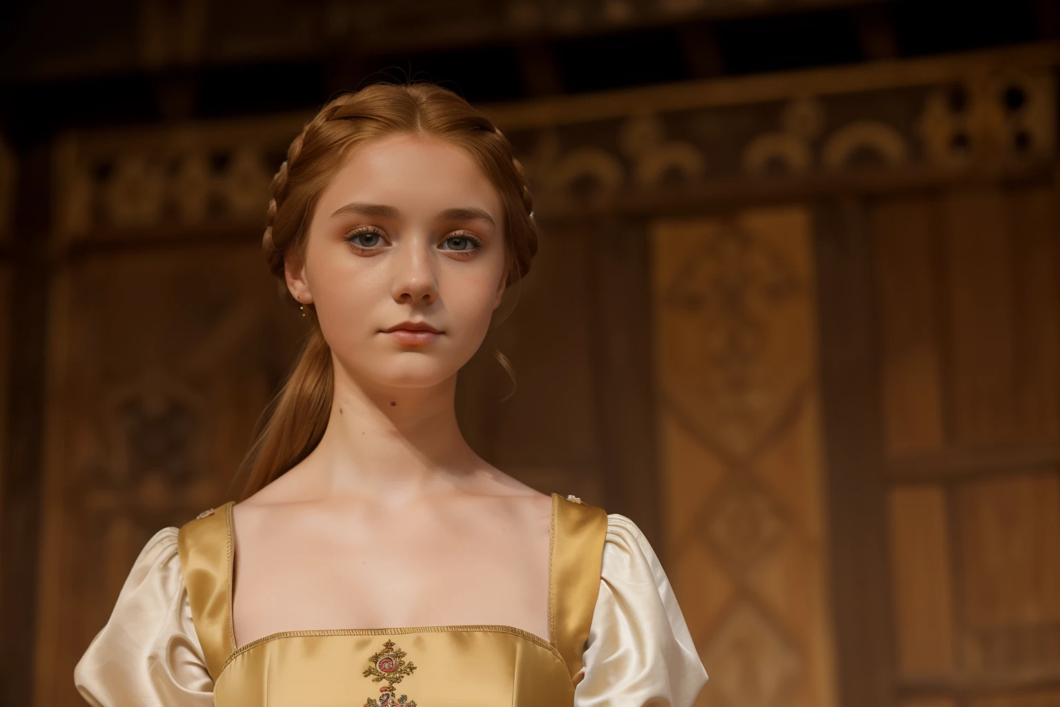 England, 1339. A young ((((22-year-old)) Caris Wooler)), attractive, expressive eyes, standing on a stage in the village square, ((panic expression)). ((((clothings from the 1300s, gown)))), ((light chestnut hairstyle of the 1300s))