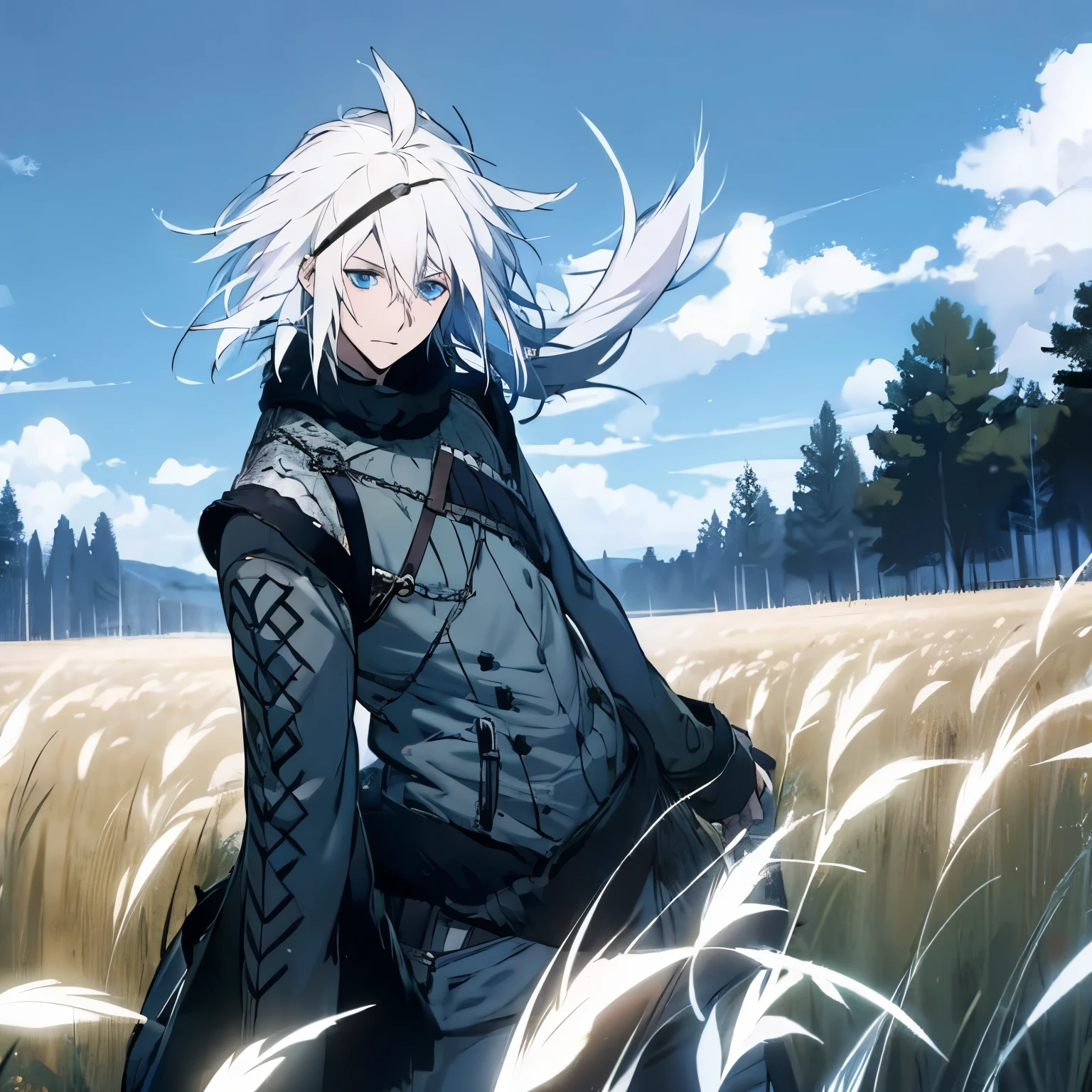 1 man. Adult.  White hair.  Blue eyes.  In a field 