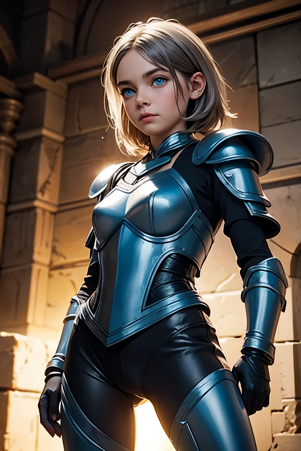 cute halfling thief woman with thick grey hair and bright blue eyes in leather armor