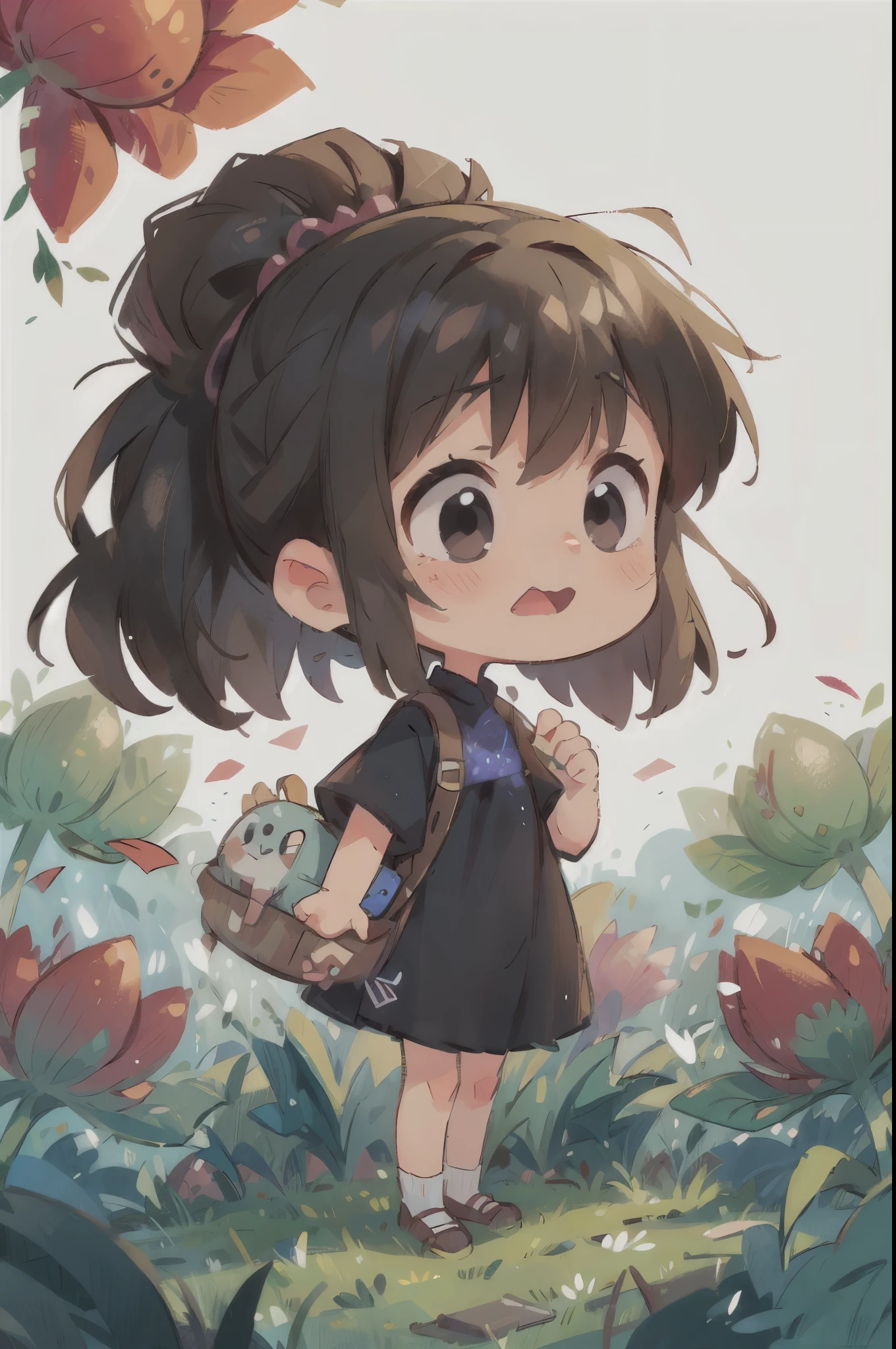 3 standing in a flower field、Big cry、cute、black hair、ponytail、Straight hair、black dress、Portrait