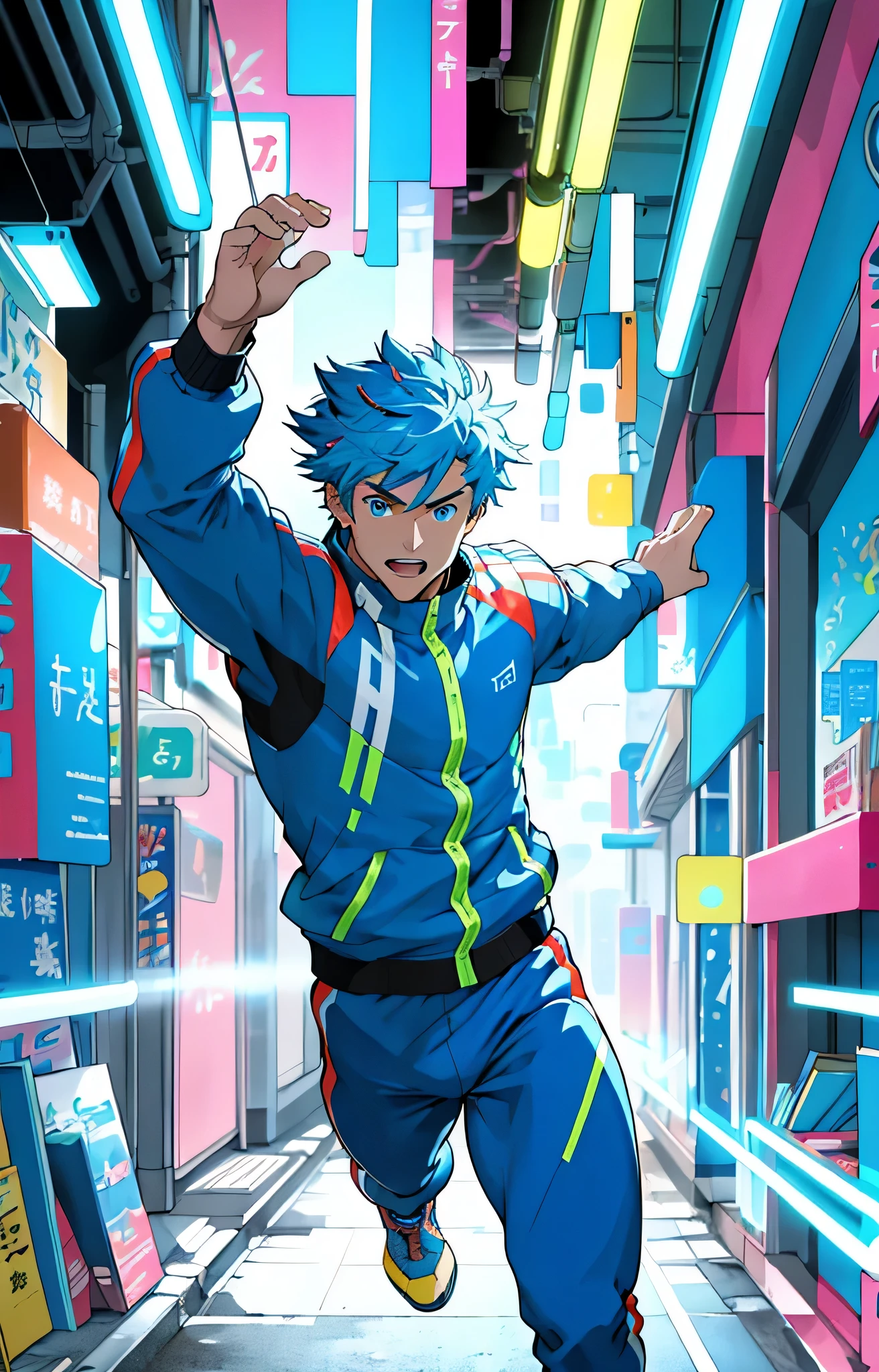(masterpiece,best quality,Ridiculous ), 1 person, muscular, exquisite eyes, blue eyes, open jacket, running towards camera, Upper body, (fluorescent lamp),(colorful), ((abstract background)),