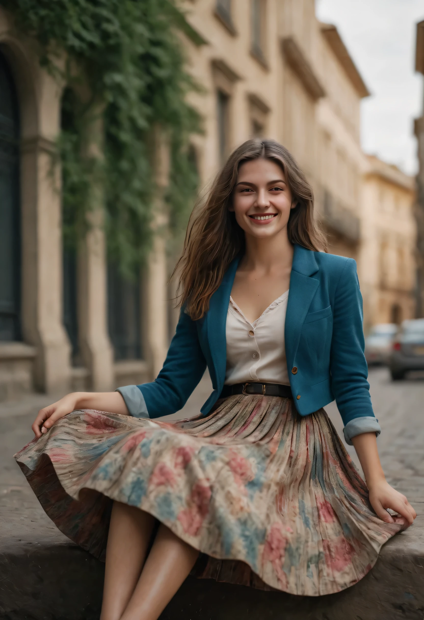 A smiling, authentic, (shy:1,3), kind, beautiful woman, is passionately in love with her skirt, sitting down on the gound while wind lifts her skirt, wearing short blazer and very very detailed (long (fully pleated) full circle skirt) and (low heeled court shoes), very very intricate hyper-detailed symmetric (attractive graceful young feminine face) with (sad, tired eyes and a loving smile), large breasts, full of empathy and compassion and love, (pronounced (feminine) features), (highly detailed ultra accurate realistic) hands and fingers, (windy), epic composition, highly detailed attributes, (35mm f1.4 Kodak portra 400 photograph), extremely high quality RAW photograph, highly detailed atmosphere, sci-fi, cinematic shot, dynamic lighting, 75mm, Technicolor, Panavision, cinemascope, sharp focus, fine details, 8k, HDR, realism, realistic, key visual, film still, superb cinematic color grading, depth of field