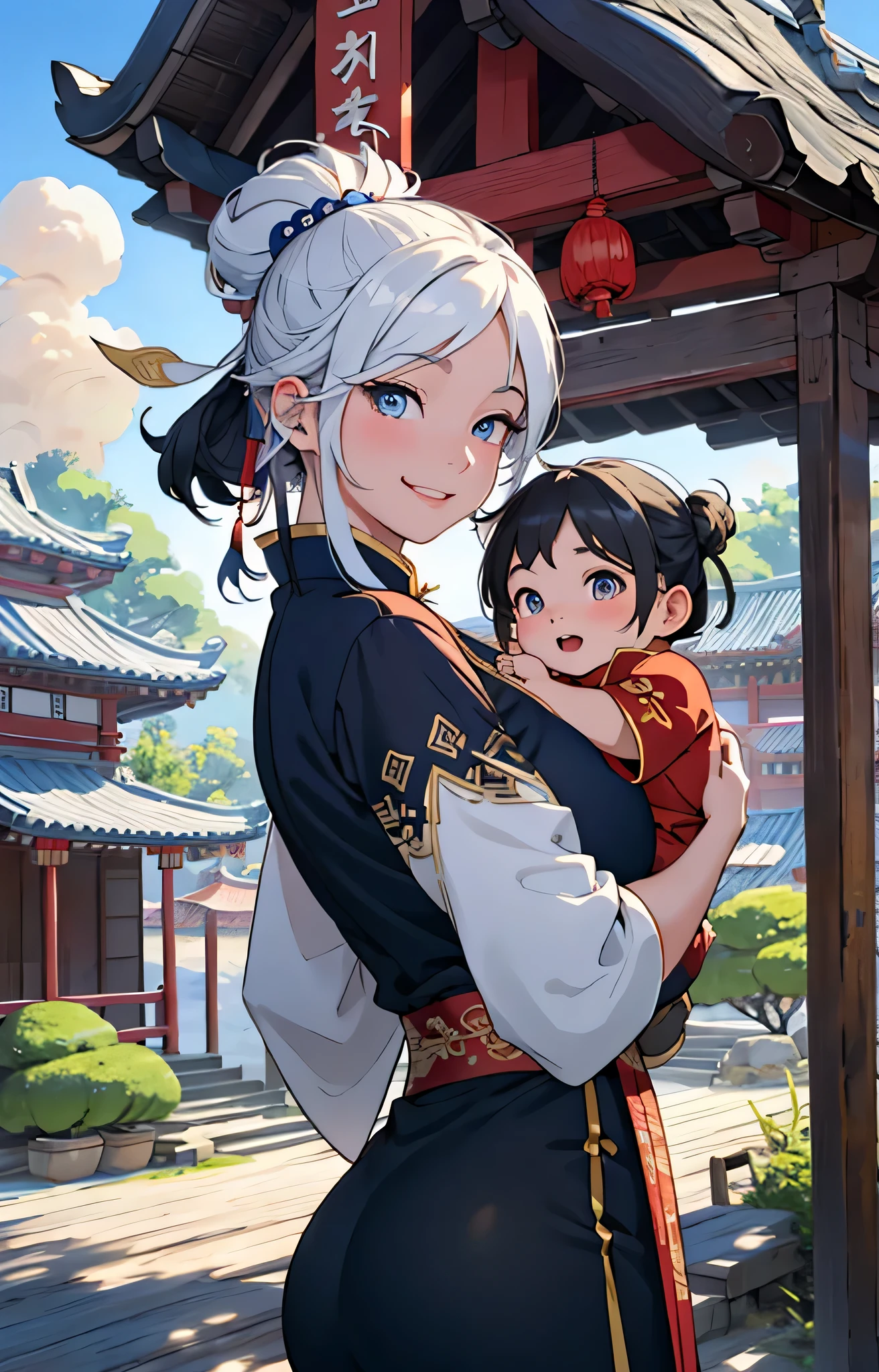 {{masterpiece, best quality, Extremely detailed CG, unified 8k wallpaper, Light}}, Chinese traditional ink painting, 1 girl, 1 baby, young woman holding baby, whole body, ancient building, blue sky, 阳Light明媚, wooden building, prominent protagonist, Smile, big eyes, beautiful and delicate eyes, (big breasts, Split), round ass, looking at the audience, long eyelashes,