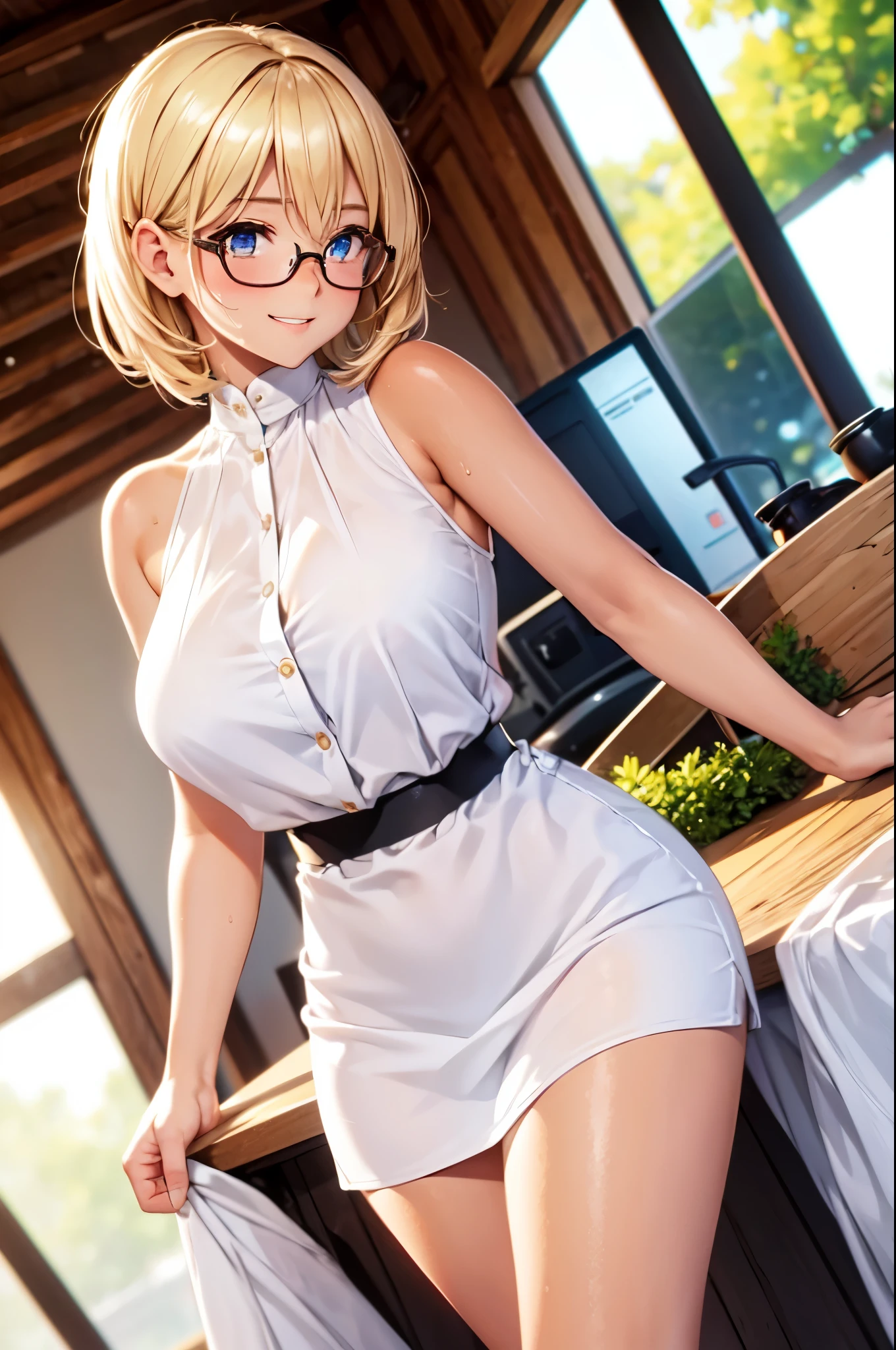 (High quality, High resolution, Fine details), teacher, BREAK White blouse, BREAK Black tight mini skirt, Wearing glasses, solo, curvy women, BREAK blond hair, sparkling eyes, (Detailed eyes:1.2), smile, blush, Sweat, (Suntanned skin:1.4), Oily skin, shallow depth of field, natural light, casting a warm and inviting glow
