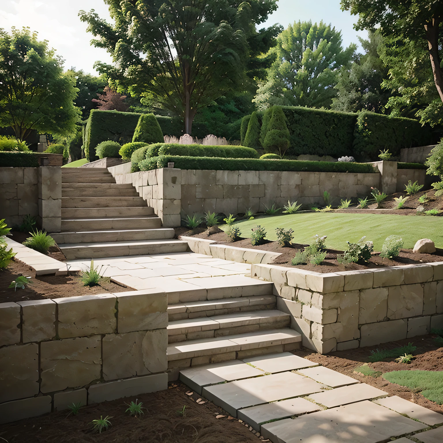 Landscape Design Garden retaining walls being built