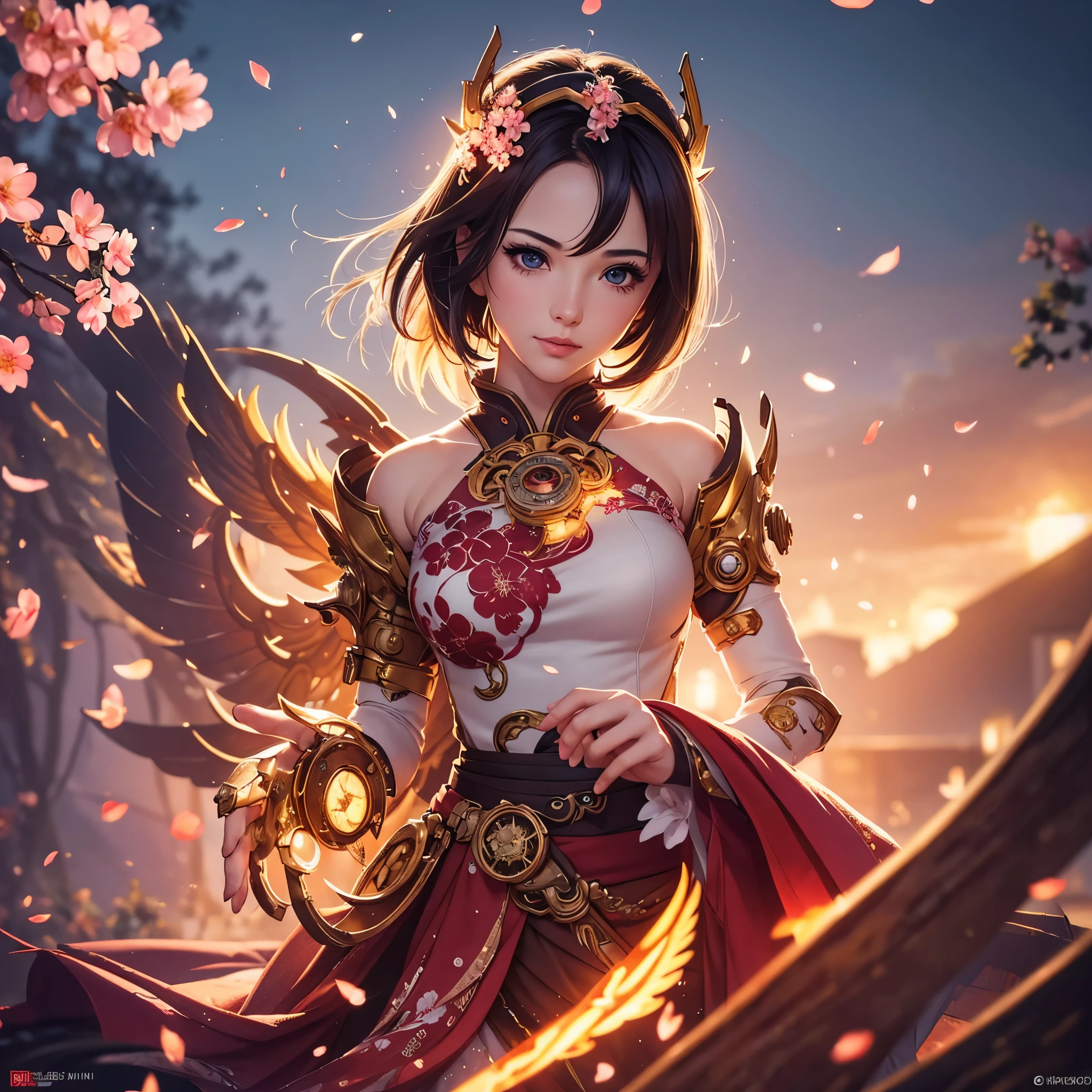best quality,4k,8k,highres,masterpiece:1.2,ultra-detailed,realistic:1.37,A girl in a garden,beautiful detailed eyes,beautiful detailed lips,extremely detailed eyes and face,longeyelashes,(cybertron,sci-fi) background,heroic pose,cybernetic enhancements,mechanical wings,exquisite cherry blossom petals,blazing firebell pattern,moving gears and cogs,ethereal glow,warm sunset colors,anime-style,sharp focus,physically-based rendering,professional,vivid colors,bokeh
