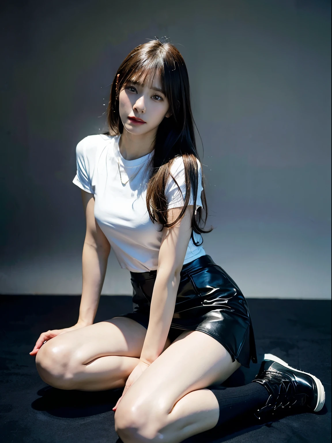 (best quality,8k,high-res,masterpiece:1.2), ultra-detailed, (realistic, photo-realistic:1.37), tabletop, extremely detailed, photorealistic rendering, girl and full body seen, black leather miniskirt, slightly averted eyes, profile, incredibly beautiful, cute, 8K wallpaper, intricate details, highly detailed 8K wallpaper, gravure, model, foot fetish, legs, leg fetish, visible down to the feet, vibrant lighting, soft shadows