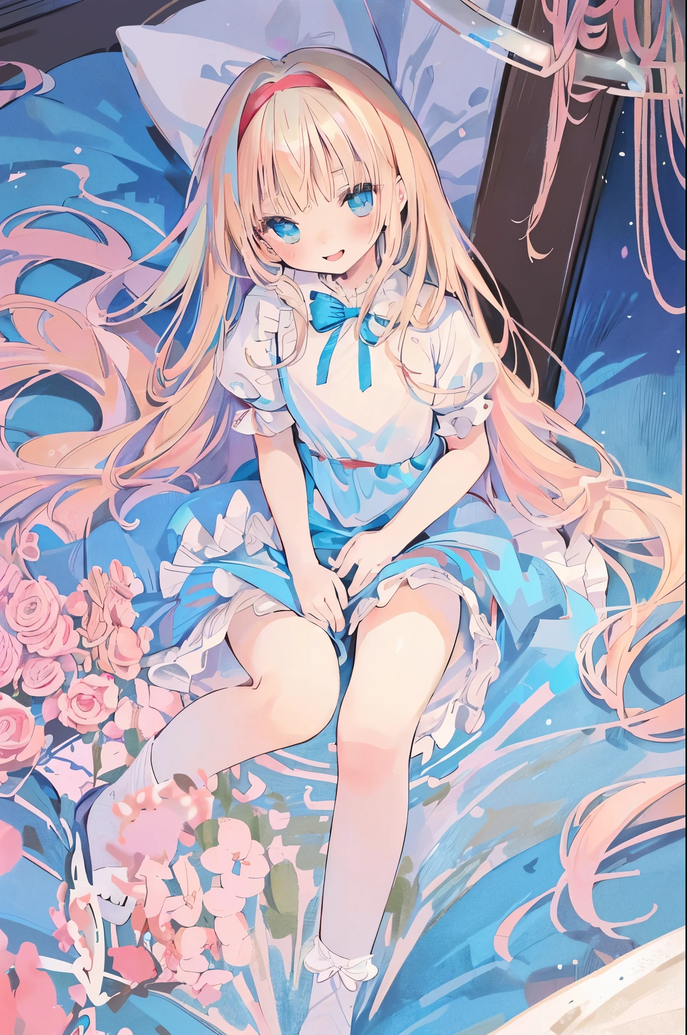 High resolution, (An illustration: 1.3), anime、((highest quality)), (Super detailed), (beautiful), ((Detailed hotel big bed top:1.3)), alone,(young、12 years old:1.3)、cute face、(alice in wonderland costume:1.4),white and transparent skin、blue ribbon on head、Shiny pale colorful blonde long hair,masturbation,elated face、spread pussy