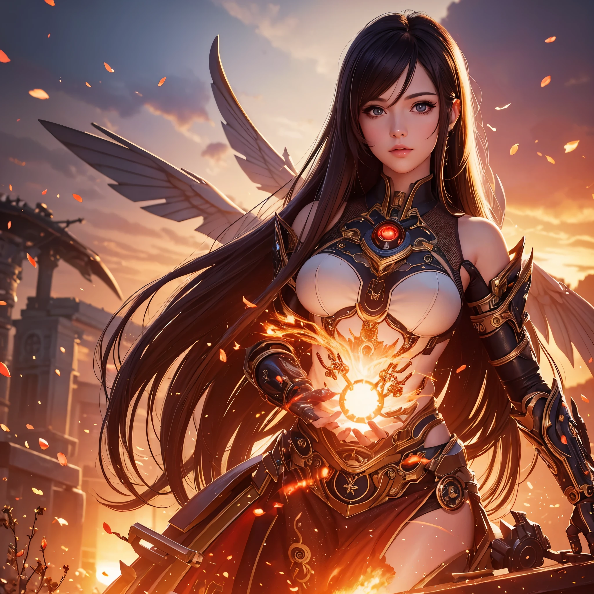 best quality,4k,8k,highres,masterpiece:1.2,ultra-detailed,realistic:1.37,A girl in a garden,beautiful detailed eyes,beautiful detailed lips,extremely detailed eyes and face,longeyelashes,(cybertron,sci-fi) background,heroic pose,cybernetic enhancements,mechanical wings,exquisite cherry blossom petals,blazing firebell pattern,moving gears and cogs,ethereal glow,warm sunset colors,anime-style,sharp focus,physically-based rendering,professional,vivid colors,bokeh