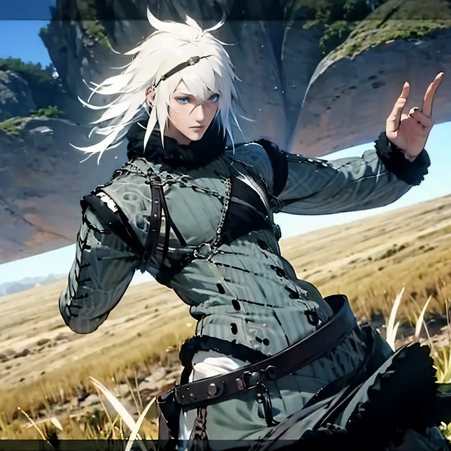 1 man. Adult.  White hair.  Blue eyes.  In a field 