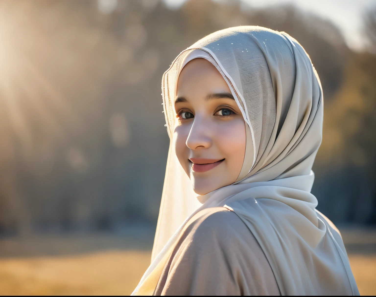 (RAW photo, best quality), (realistic, photo-realistic:1.3), 1 25 year old girl, 25 year old solo girl, full body photo, height 165, weight 60, chubby cheeks, slightly fat body, very real and beautiful, Extraordinary, fine detail, masterpiece, very detailed, high, (best illustration), (best shading),intricate,archive depth, On a summer afternoon, a beautiful white Muslim woman dresses with a tunic, white pashmina hijab, hijab , In golden winter hues, creating a soothing sound, sparkling eyes, a smile that blends in harmony with nature, No visible hair, (blurred background: 1.4), sharp focus, volumetric fog, UHD 8k, high quality, ( film grain: 1.4) , f/1.4 aperture, light wind,