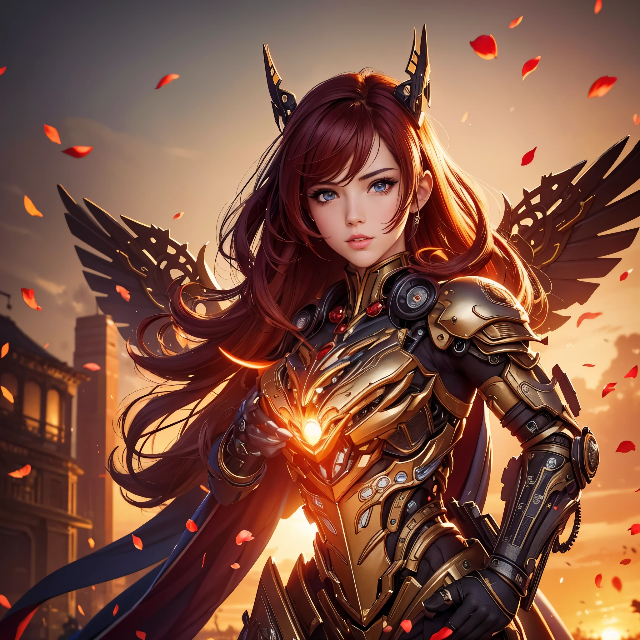 best quality,4k,8k,highres,masterpiece:1.2,ultra-detailed,realistic:1.37,A girl in a garden,beautiful detailed eyes,beautiful detailed lips,extremely detailed eyes and face,longeyelashes,(cybertron,sci-fi) background,heroic pose,cybernetic enhancements,mechanical wings,exquisite cherry blossom petals,blazing firebell pattern,moving gears and cogs,ethereal glow,warm sunset colors,anime-style,sharp focus,physically-based rendering,professional,vivid colors,bokeh