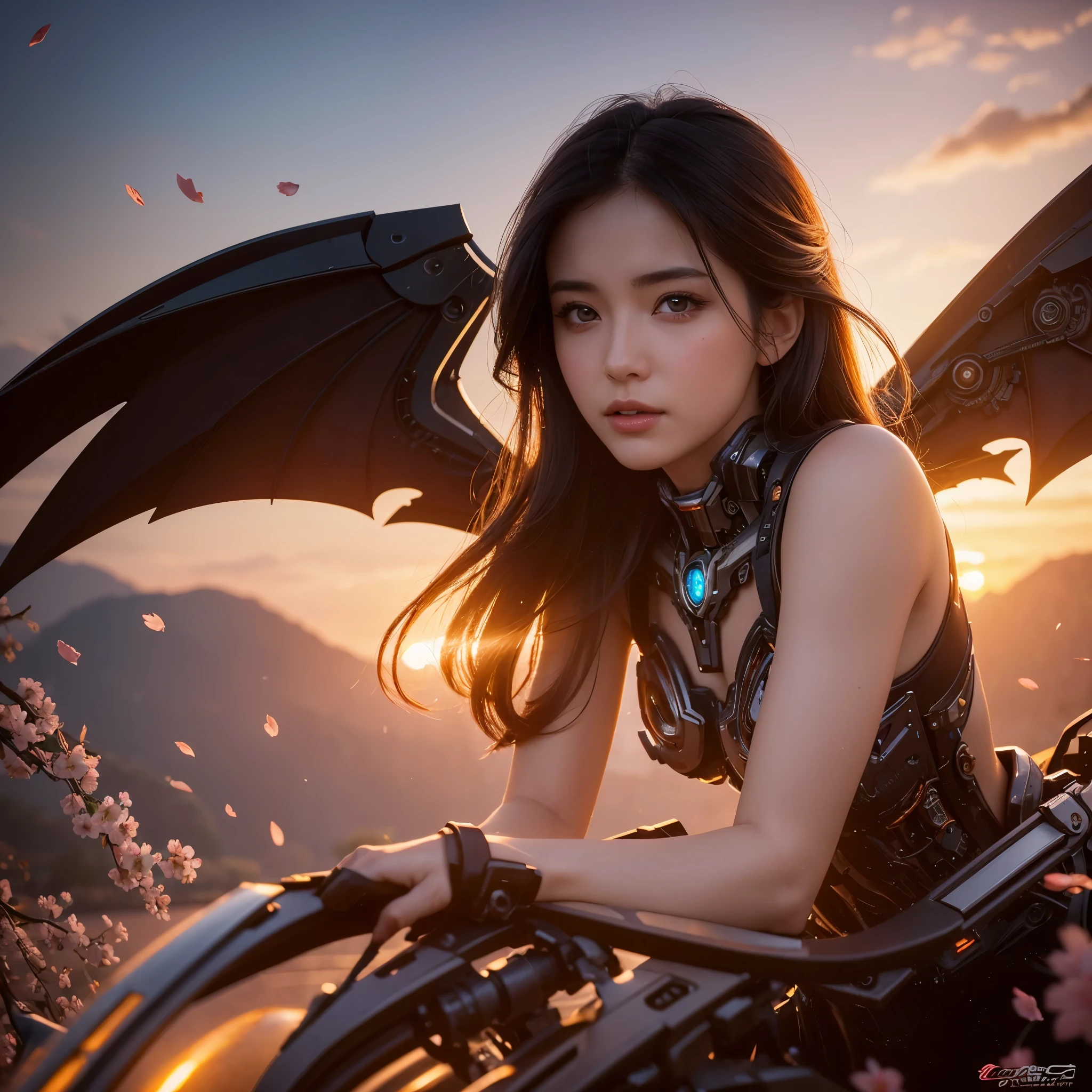 best quality,4k,8k,highres,masterpiece:1.2,ultra-detailed,realistic:1.37,A girl in a garden,beautiful detailed eyes,beautiful detailed lips,extremely detailed eyes and face,longeyelashes,(cybertron,sci-fi) background,heroic pose,cybernetic enhancements,mechanical wings,exquisite cherry blossom petals,blazing firebell pattern,moving gears and cogs,ethereal glow,warm sunset colors,anime-style,sharp focus,physically-based rendering,professional,vivid colors,bokeh
