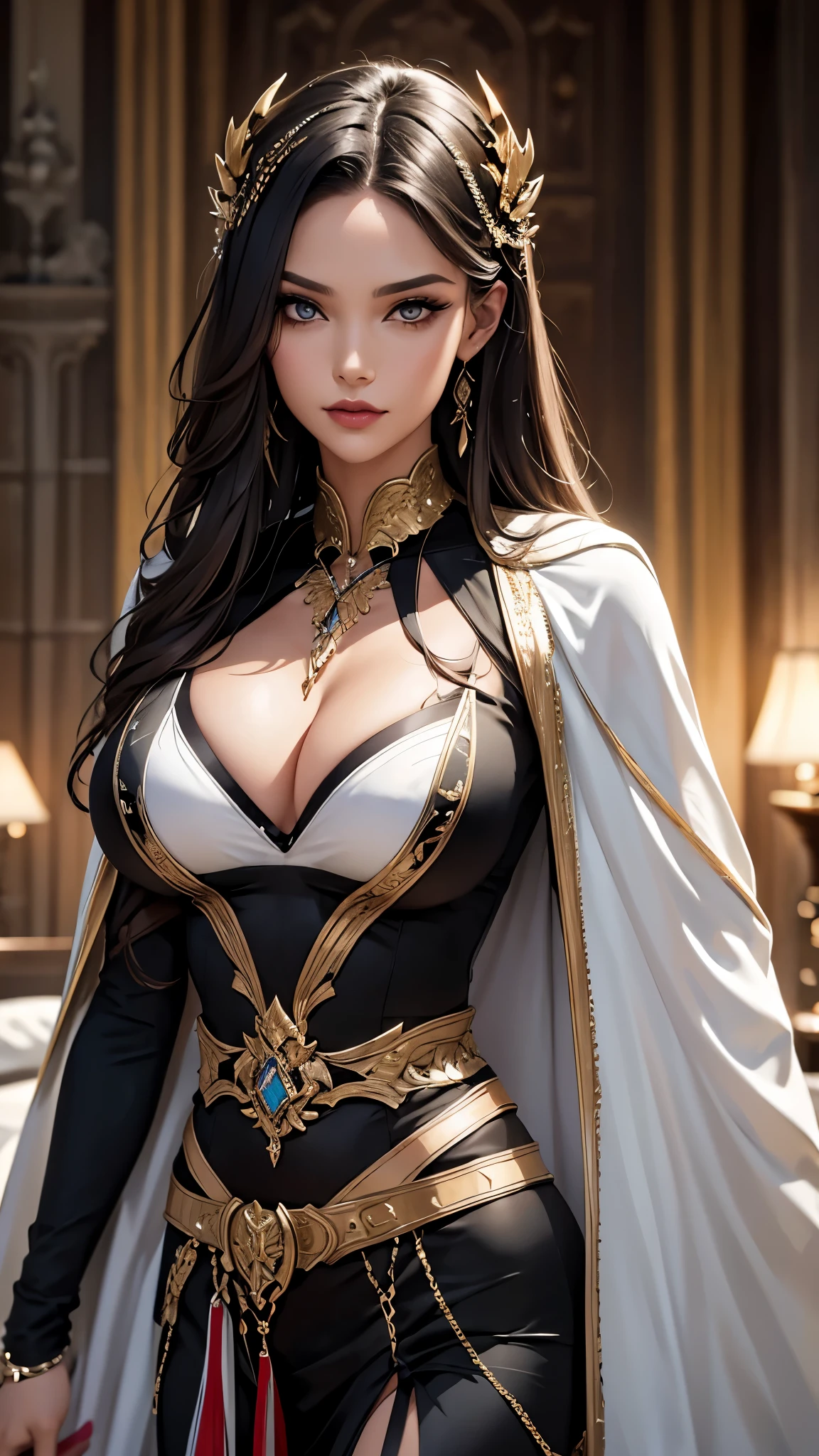 extremely beautiful young lady, subtle makeup, golden hour, photorealistic, high contrast, 8k HD, detailed, hyper-detailed, realistic skin texture, long dark hair, big breast, best quality, ultra high res, raw photo, dramatic lighting, unreal engine, diffuse glow  intricate silver eaba, white imperial cape, no helm