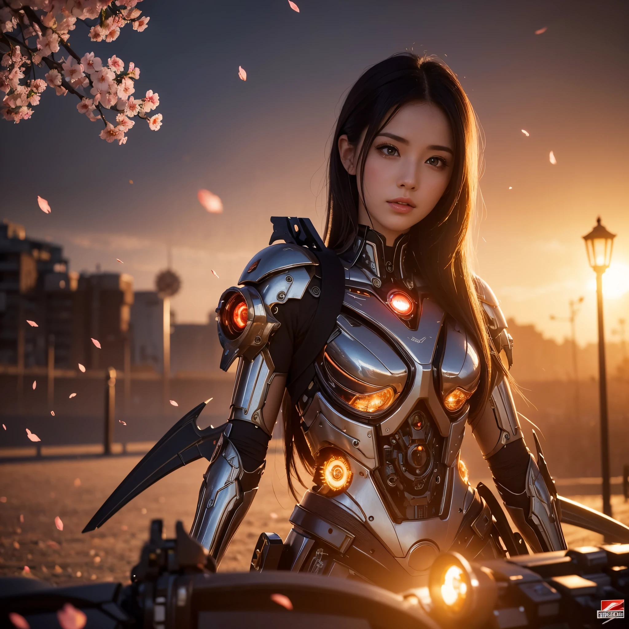 best quality,4k,8k,highres,masterpiece:1.2,ultra-detailed,realistic:1.37,A girl in a garden,beautiful detailed eyes,beautiful detailed lips,extremely detailed eyes and face,longeyelashes,(cybertron,sci-fi) background,heroic pose,cybernetic enhancements,mechanical wings,exquisite cherry blossom petals,blazing firebell pattern,moving gears and cogs,ethereal glow,warm sunset colors,anime-style,sharp focus,physically-based rendering,professional,vivid colors,bokeh