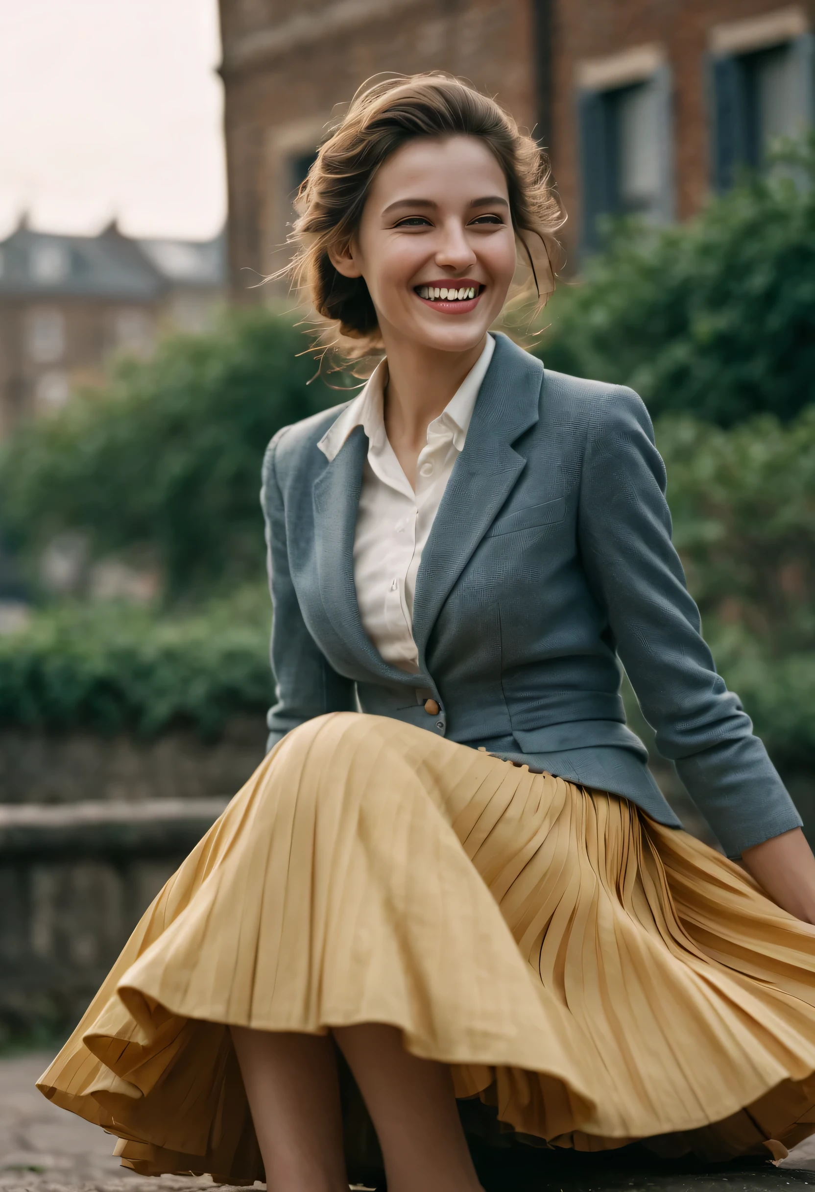 A smiling, authentic, (shy:1,3), kind, beautiful woman, is passionately in love with her skirt, sitting down on the gound while wind lifts her skirt, wearing short blazer and very very detailed (long (fully pleated) full circle skirt) and (low heeled court shoes), very very intricate hyper-detailed symmetric (attractive graceful young feminine face) with (sad, tired eyes and a loving smile), large breasts, full of empathy and compassion and love, (pronounced (feminine) features), (highly detailed ultra accurate realistic) hands and fingers, (windy), epic composition, highly detailed attributes, (35mm f1.4 Kodak portra 400 photograph), extremely high quality RAW photograph, highly detailed atmosphere, sci-fi, cinematic shot, dynamic lighting, 75mm, Technicolor, Panavision, cinemascope, sharp focus, fine details, 8k, HDR, realism, realistic, key visual, film still, superb cinematic color grading, depth of field