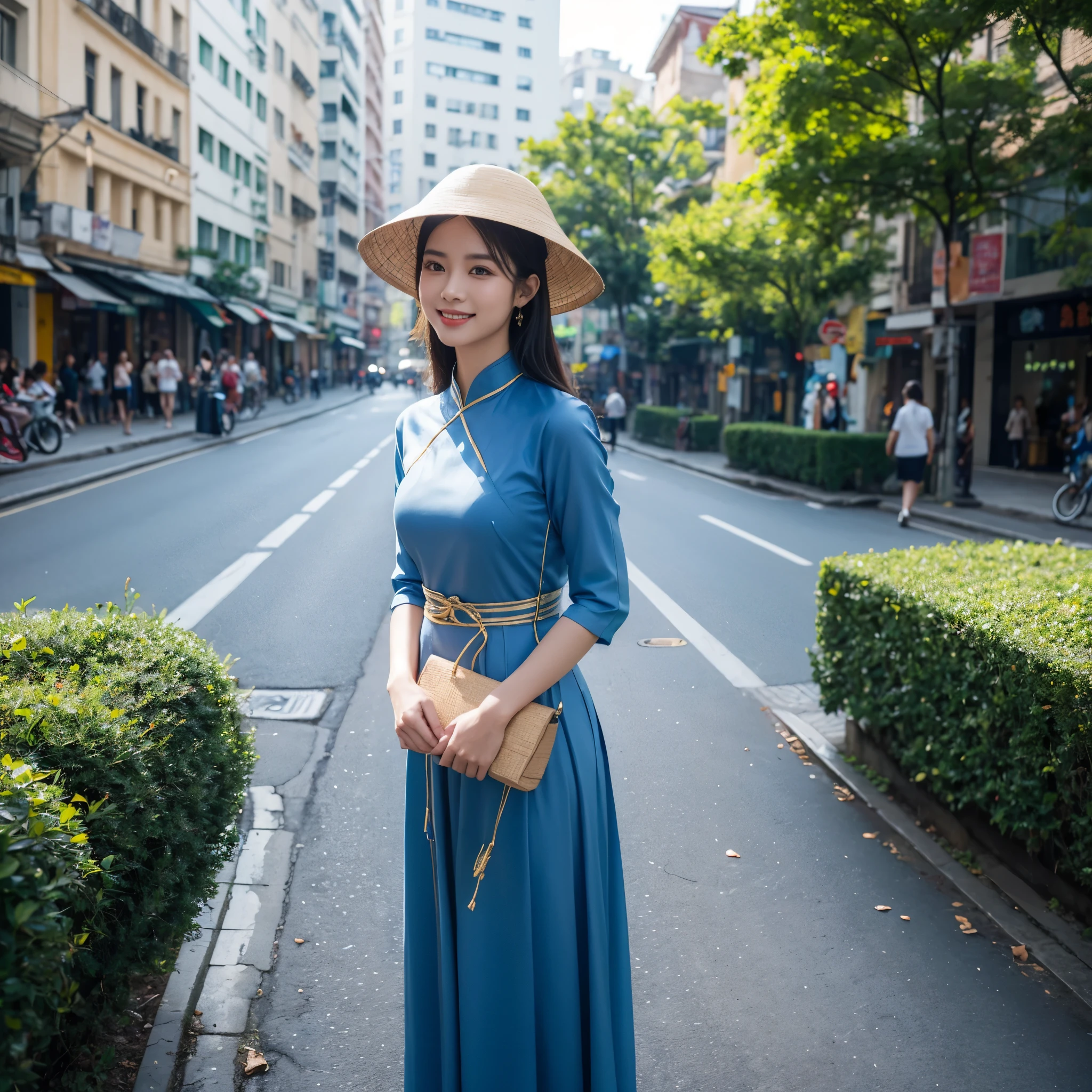 surreal detailed image a vietnam pretty girl, happy smile, wear slim semi-transparent blue and gold Aodai, conical hats, take red roses walk on Saigon Street, fresh air, sun shine, background Duc Ba Catheral, best quality, vivid, realistic, UHD, 8K