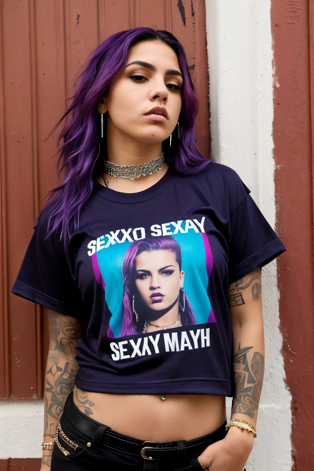 ((Mejor calidad)), ((Obra maestra)), (detallado),frontal portrait, cara perfecta, (((SEXY))), purple hair, beautiful angry late latin urban punk girl with tattoos taking a selfie, ((dressed only with a very oversized sexy man tee shirt and tiny stilished punk garments)), choker, spike bracelet, (punk jewelry)