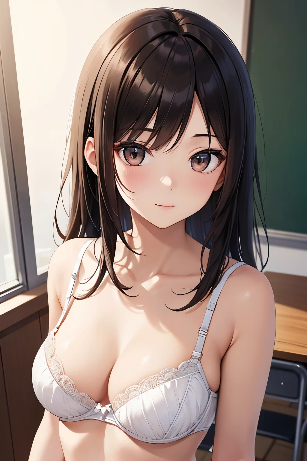 ((highest quality)),(ultra high resolution),(Super detailed),(detailed description),((best CG)),(best work of art),super precision art,great drawing art,(Art with precise details:1.5), Portrait:1.6,bust shot:1.4,(1 woman:1.5),beautiful and well-shaped face:1.5、 Japanese、girl,Slender、(white bra:1.4)、small face、brown eyes、tall、 highres,black hair、long hair、classroom、uniform、、Are standing、Mature