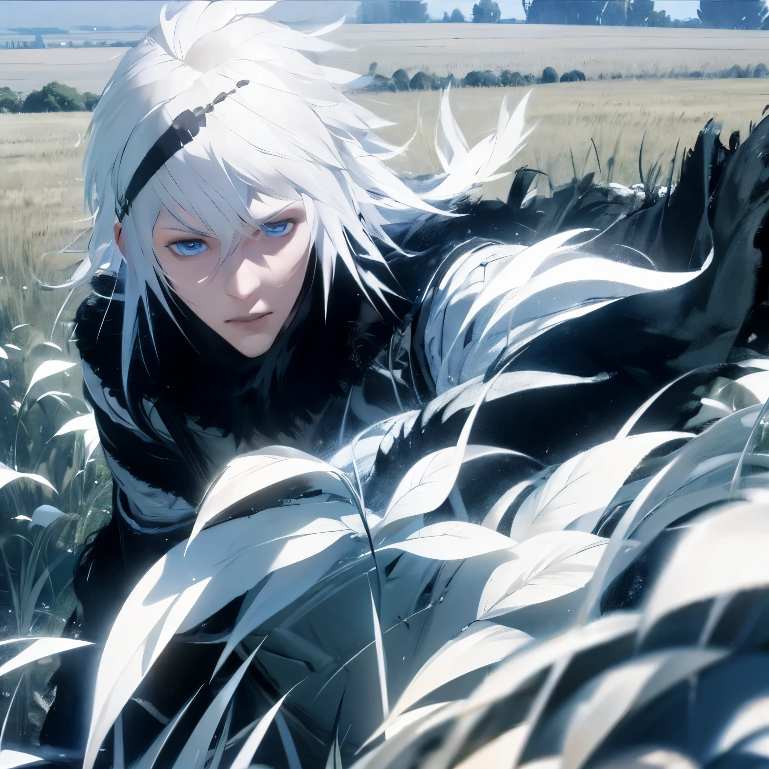 1 man. Adult.  White hair.  Blue eyes.  In a field 