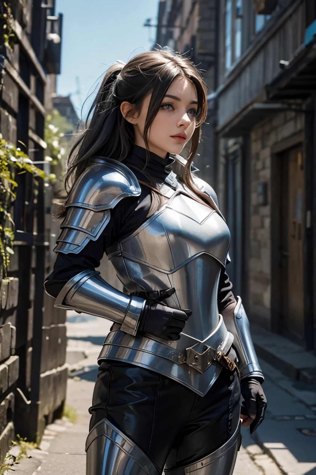 cute halfling thief woman with thick grey hair and bright blue eyes in leather armor