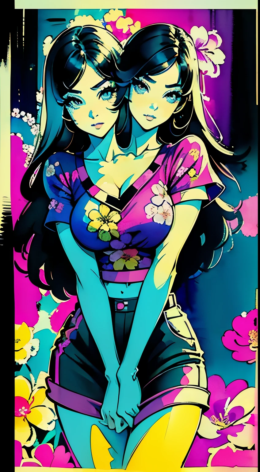 (masterpiece, best quality), best resolution, (2heads:1.5),pop art style, featureing a vibrant and confident asian young girl with two heads, street fashion, cinematic color scheme, surrounded by watercolour flowers patterns, energtic brushstrokes,the mood should be dynamic, upper body, drawing, illustration, grayscale, tropical, many flowers,
