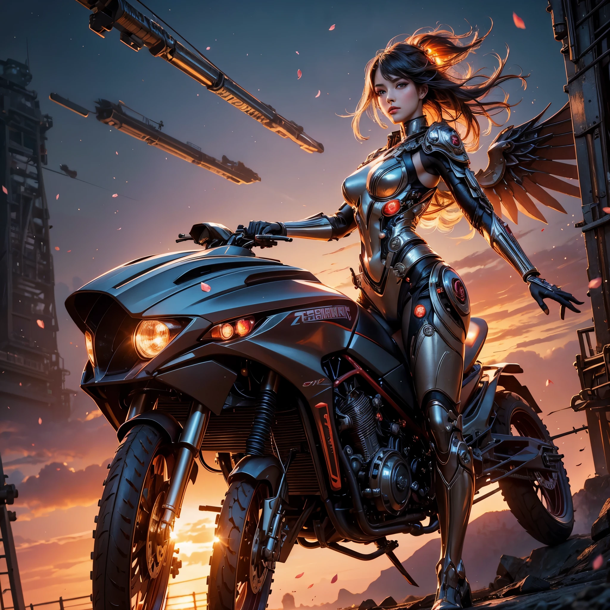 best quality,4k,8k,highres,masterpiece:1.2,ultra-detailed,realistic:1.37,A girl in a garden,beautiful detailed eyes,beautiful detailed lips,extremely detailed eyes and face,longeyelashes,(cybertron,sci-fi) background,heroic pose,cybernetic enhancements,mechanical wings,exquisite cherry blossom petals,blazing firebell pattern,moving gears and cogs,ethereal glow,warm sunset colors,anime-style,sharp focus,physically-based rendering,professional,vivid colors,bokeh