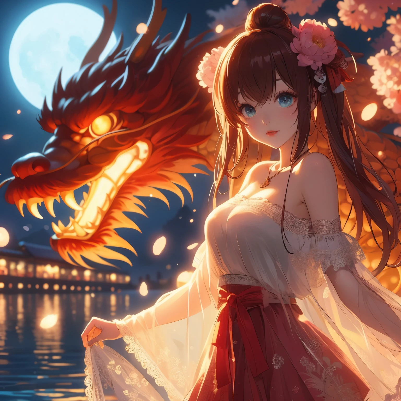 Anime girl in dragon head skirt in front of lake, anime style 4k, Anime Art Wallpaper 4k, anime art wallpaper 4k, anime art wallpaper 8k, anime wallpaper 4k, anime wallpaper 4k, 4k anime wallpaper, night nucleus, 4k comic wallpaper, HD anime wallpaper, beautiful anime girl, Beautiful anime style, dragon girl
