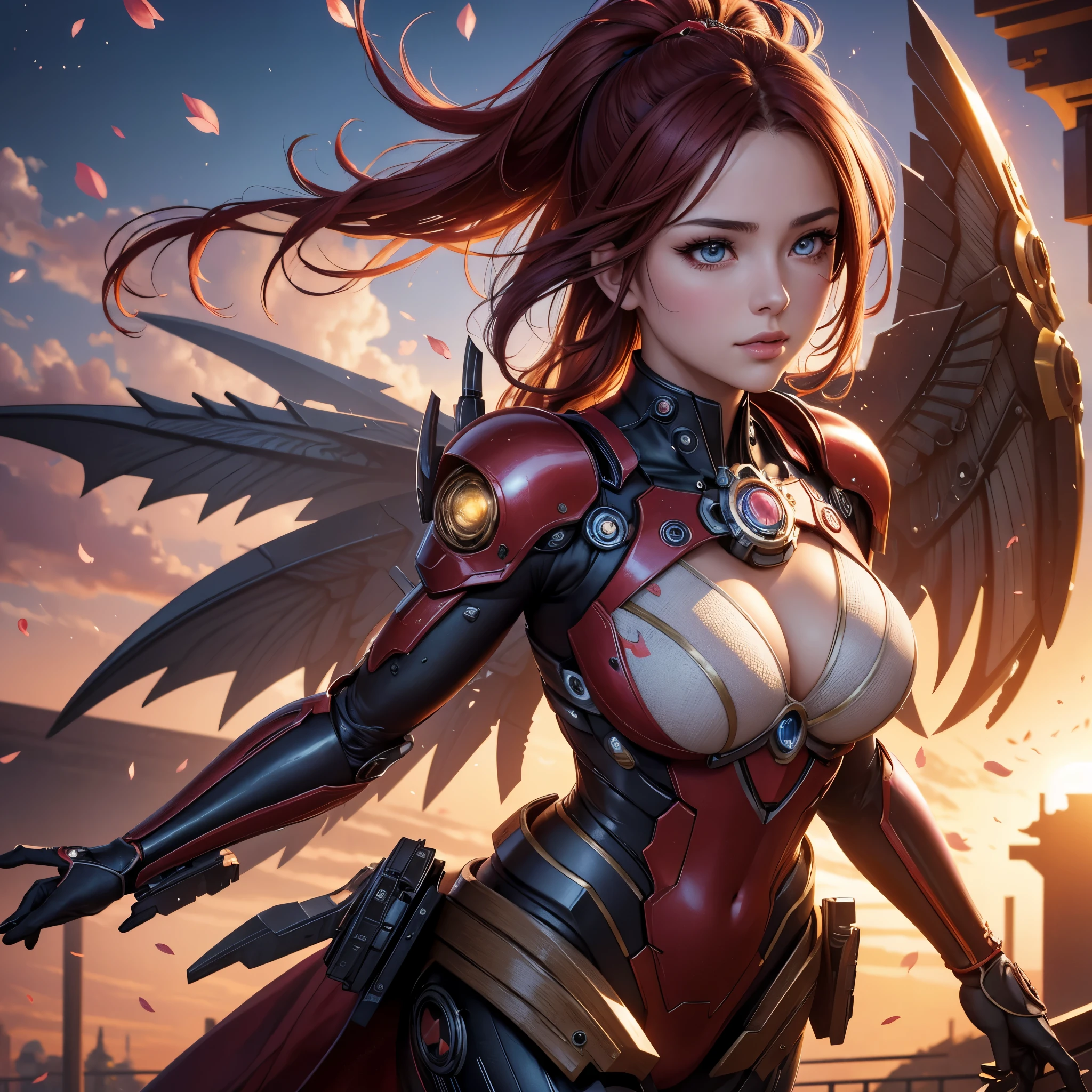 best quality,4k,8k,highres,masterpiece:1.2,ultra-detailed,realistic:1.37,A girl in a garden,beautiful detailed eyes,beautiful detailed lips,extremely detailed eyes and face,longeyelashes,(cybertron,sci-fi) background,heroic pose,cybernetic enhancements,mechanical wings,exquisite cherry blossom petals,blazing firebell pattern,moving gears and cogs,ethereal glow,warm sunset colors,anime-style,sharp focus,physically-based rendering,professional,vivid colors,bokeh