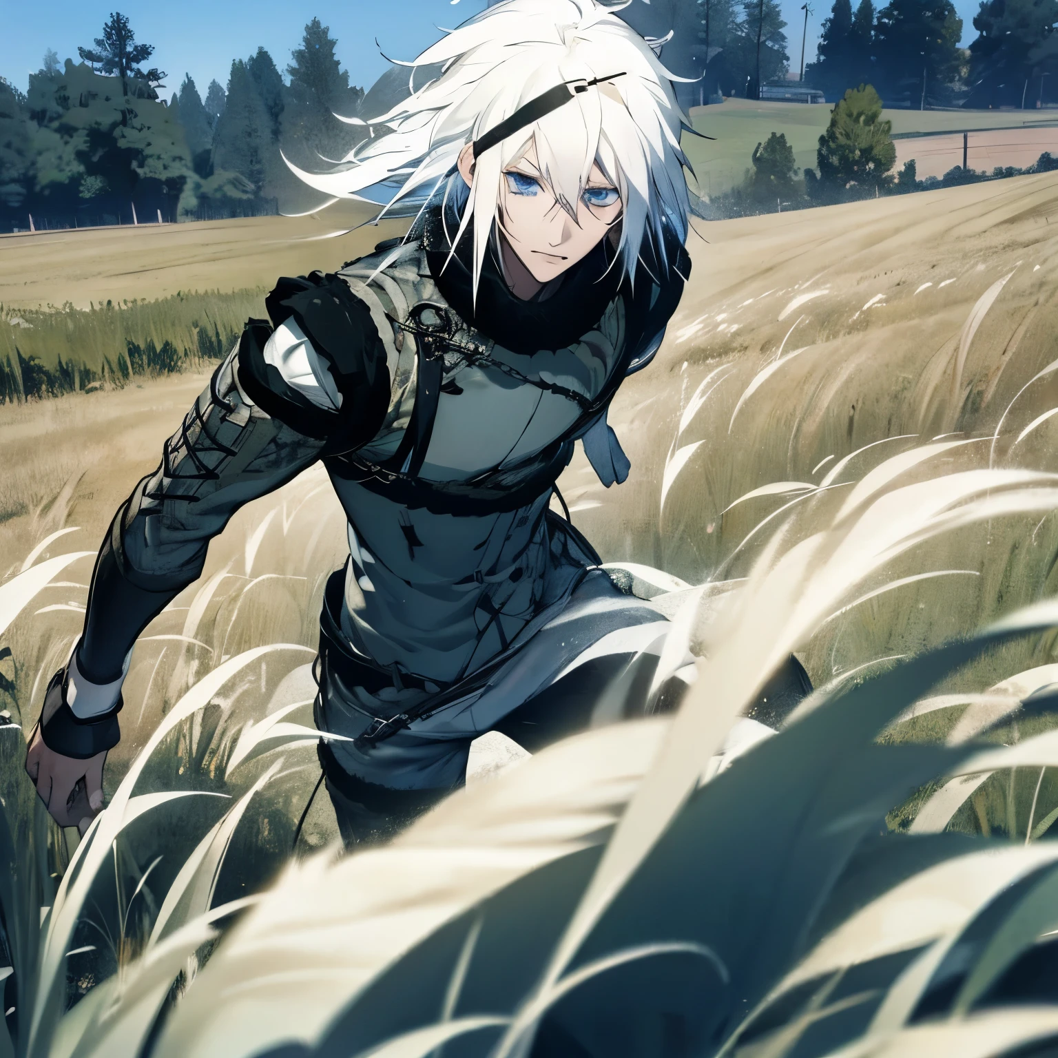 1 man. Adult.  White hair.  Blue eyes.  In a field 