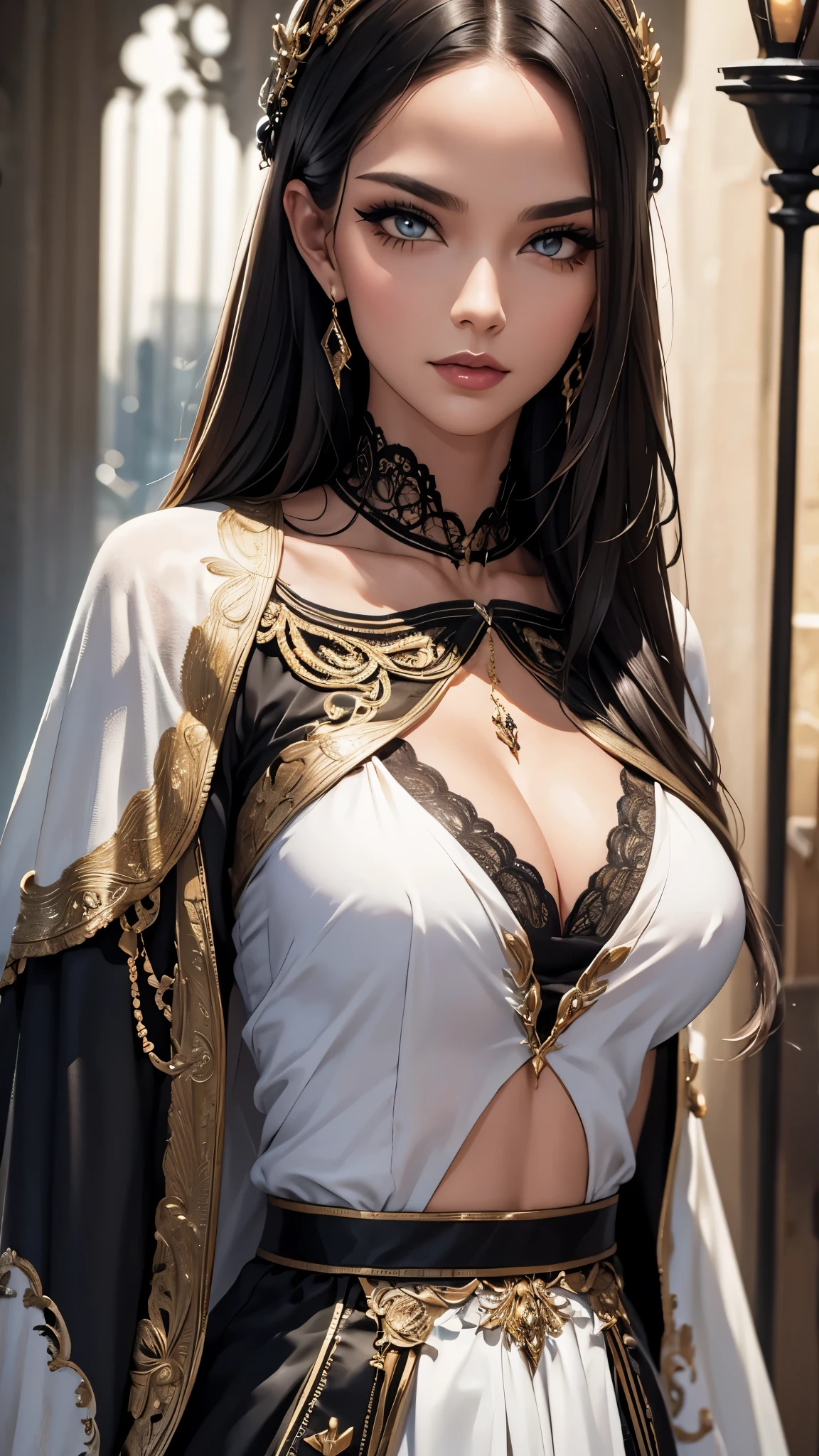 extremely beautiful young lady, subtle makeup, golden hour, photorealistic, high contrast, 8k HD, detailed, hyper-detailed, realistic skin texture, long dark hair, big breast, best quality, ultra high res, raw photo, dramatic lighting, unreal engine, diffuse glow  intricate silver eaba, white imperial cape, no helm