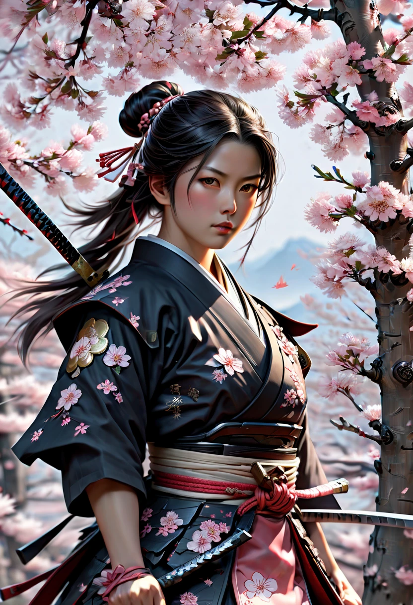 girl, female samurai under Sakura, junoesque, (best quality, masterpiece, Representative work, official art, Professional, Ultra intricate detailed, 8k:1.3)