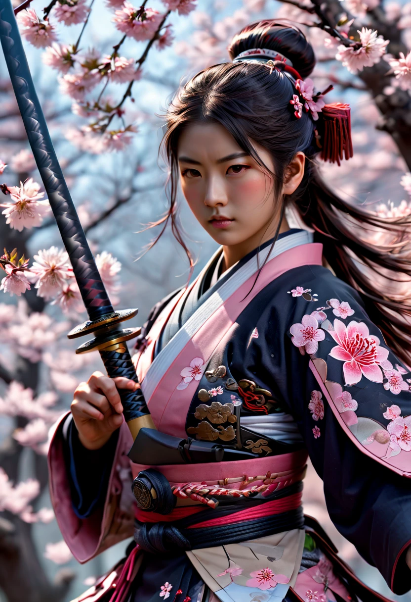 girl, female samurai under Sakura, junoesque, (best quality, masterpiece, Representative work, official art, Professional, Ultra intricate detailed, 8k:1.3)