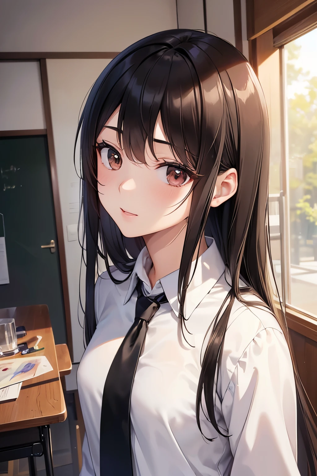 ((highest quality)),(ultra high resolution),(Super detailed),(detailed description),((best CG)),(best work of art),super precision art,great drawing art,(Art with precise details:1.5), Portrait:1.6,bust shot:1.4,(1 woman:1.5),beautiful and well-shaped face:1.5、 Japanese、girl,Slender、(Topless:1.2)、gray tie、small face、brown eyes、tall、 highres,black hair、long hair、classroom、uniform、、(standing facing left:1.2)、Mature