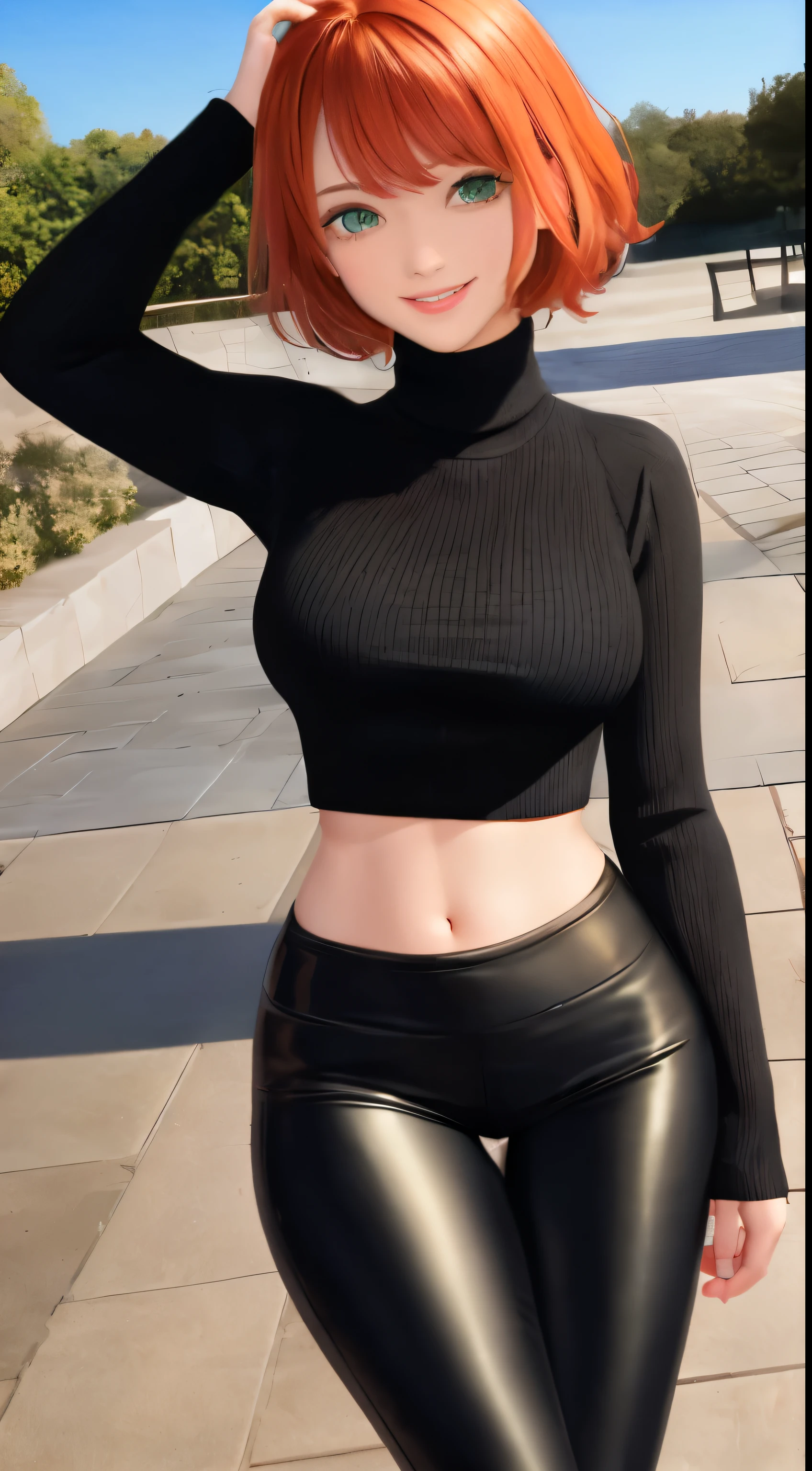 Masterpiece, Best quality, ultra detailed, Beautiful lighting, Woman, black leggings, Orange hair, (Green eyes:1.3), (Black sweater:1.2), turtleneck, get up, in the park, beautiful landscape, shows off her juicy ass, light blush, smiling, (nice smile:1,1), (glossy lips:1.1), (Beautiful eyes:1.1), wonderful backround, closed mouth, weapon_behind_back, short hair HD HQ UHD