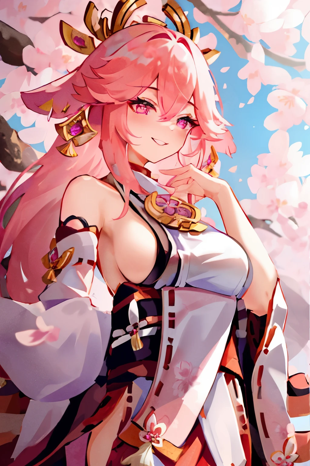 yae miko, blush, breasts, cherry blossoms, fox ears, hair between eyes, hair ornament, hand up, japanese clothes, jewelry, kimono, long hair, looking at viewer, big breasts, miko, nontraditional miko, pink eyes, pink flower, pink hair, sidelocks, smile, solo