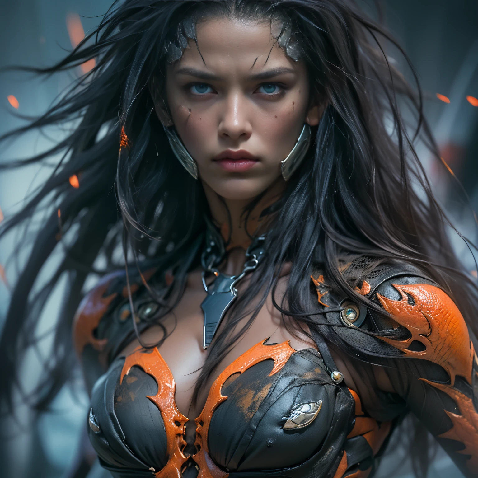 1 female alien, The predator, (extremely beautiful:1.2), (intense gaze:1.4), (predator:1.1), long dark claws, (NSFW:1), nipples, thick eyebrows, (She has shining sky blue orange eyes:1.2), the most beautiful face in the universe, jet black hair, symmetrical beautiful eyes, hyper detailed eyes,

A woman predator with an extremely beautiful face, her intense gaze fixed on her prey, a primal force that could not be denied.

(beautiful lean body:1.5), (muscular build:1.2), (prowling:1.3), (sleek movements:1.4)

Her beautiful body, muscular and toned, moved with sleek grace as she prowled, ready to strike at a moment's notice. The predator within her was always on,                                                                          
                                                                                                                                                               
 cinematic drawing of characters, ultra high quality model, cinematic quality, detail up, (Intricate details:1.2), High resolution, High Definition, drawing faithfully, Official art, Unity 8K wall , 8K Portrait, Best Quality, Very High resolution, ultra detailed artistic photography,