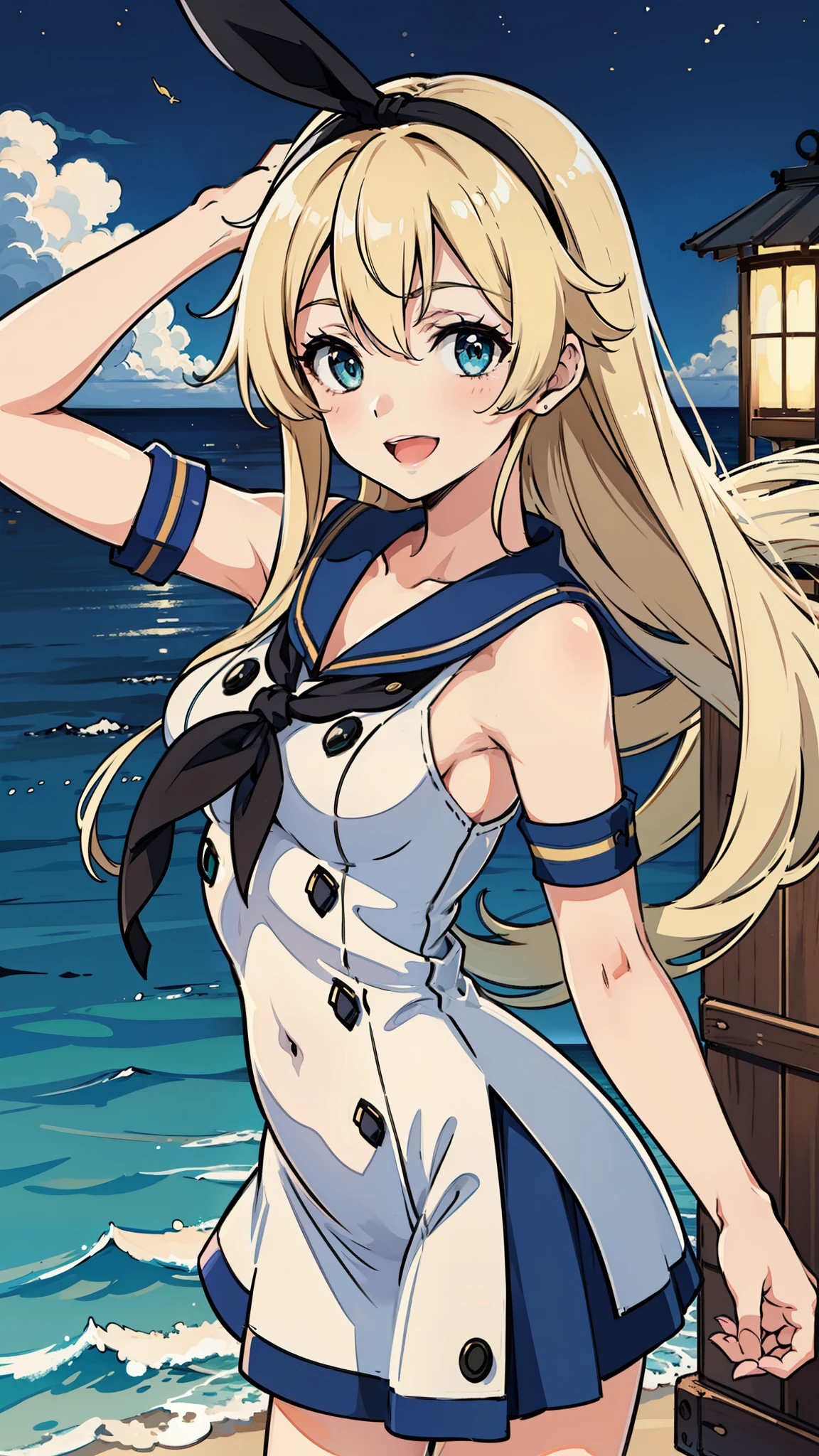 rating:safe, 1girl, blonde_hair, long_hair, solo, open_mouth, dress, smile, sky, breasts, :d, aqua_eyes, ocean, night, shimakaze_(kantai_collection), sailor_collar, ribbon, sailor_dress