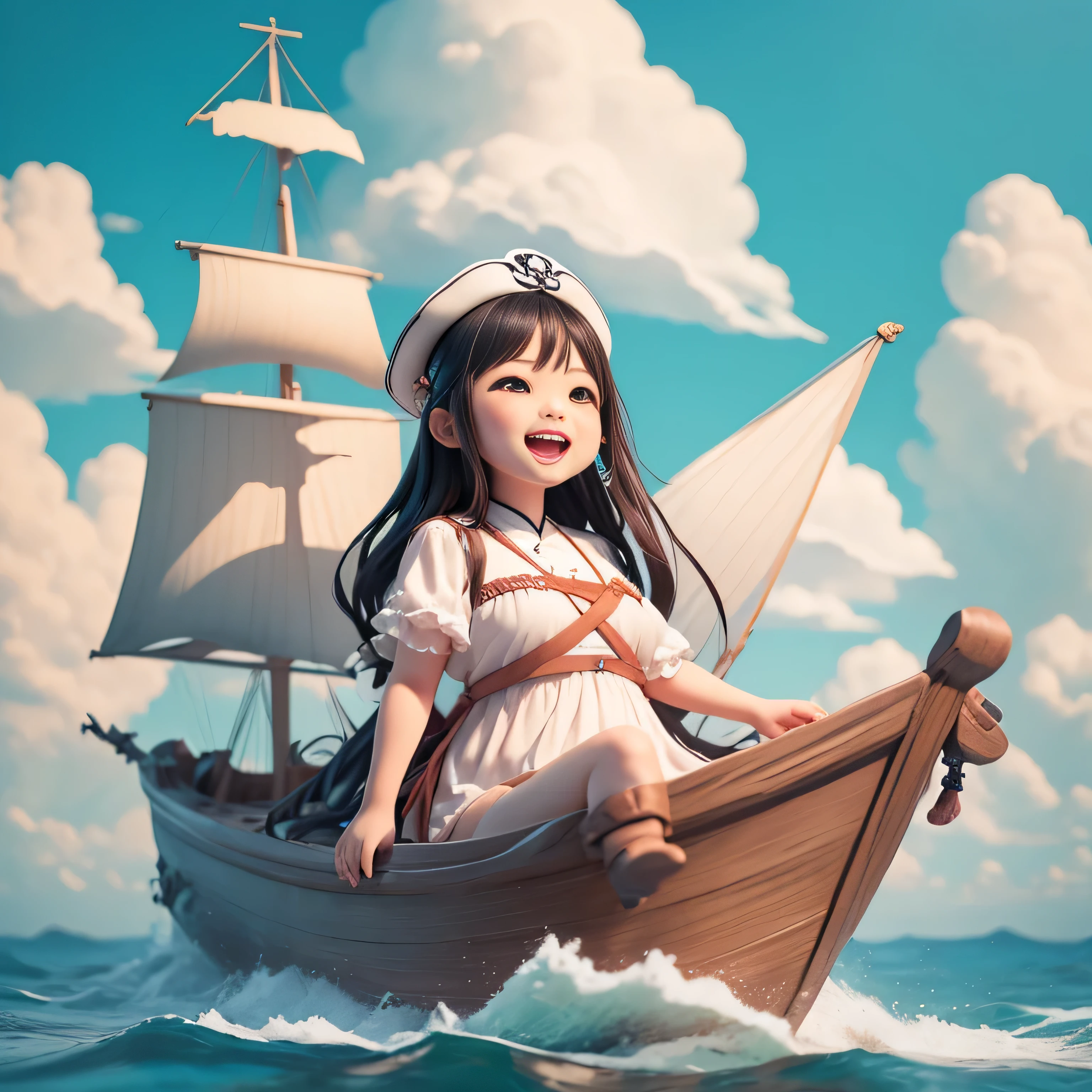 (masterpiece),(best quality),(super detailed), (whole body:1.2),
1 chubby chinese girl,Ocean盗形象，Big avatar，Super cute, Smile, open mouth，Ocean，Boat，cloud 
(Beautiful and delicate face), (beautiful and delicate eyes),
 