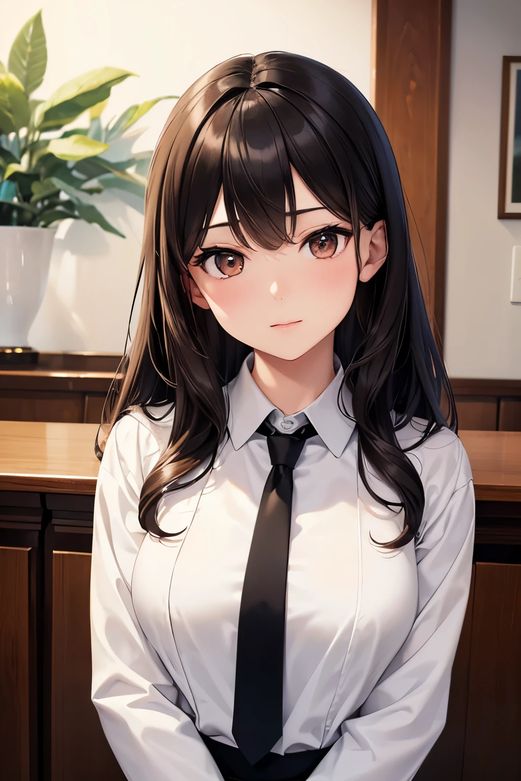 Anime girl with long black hair wearing a white shirt and black tie ...