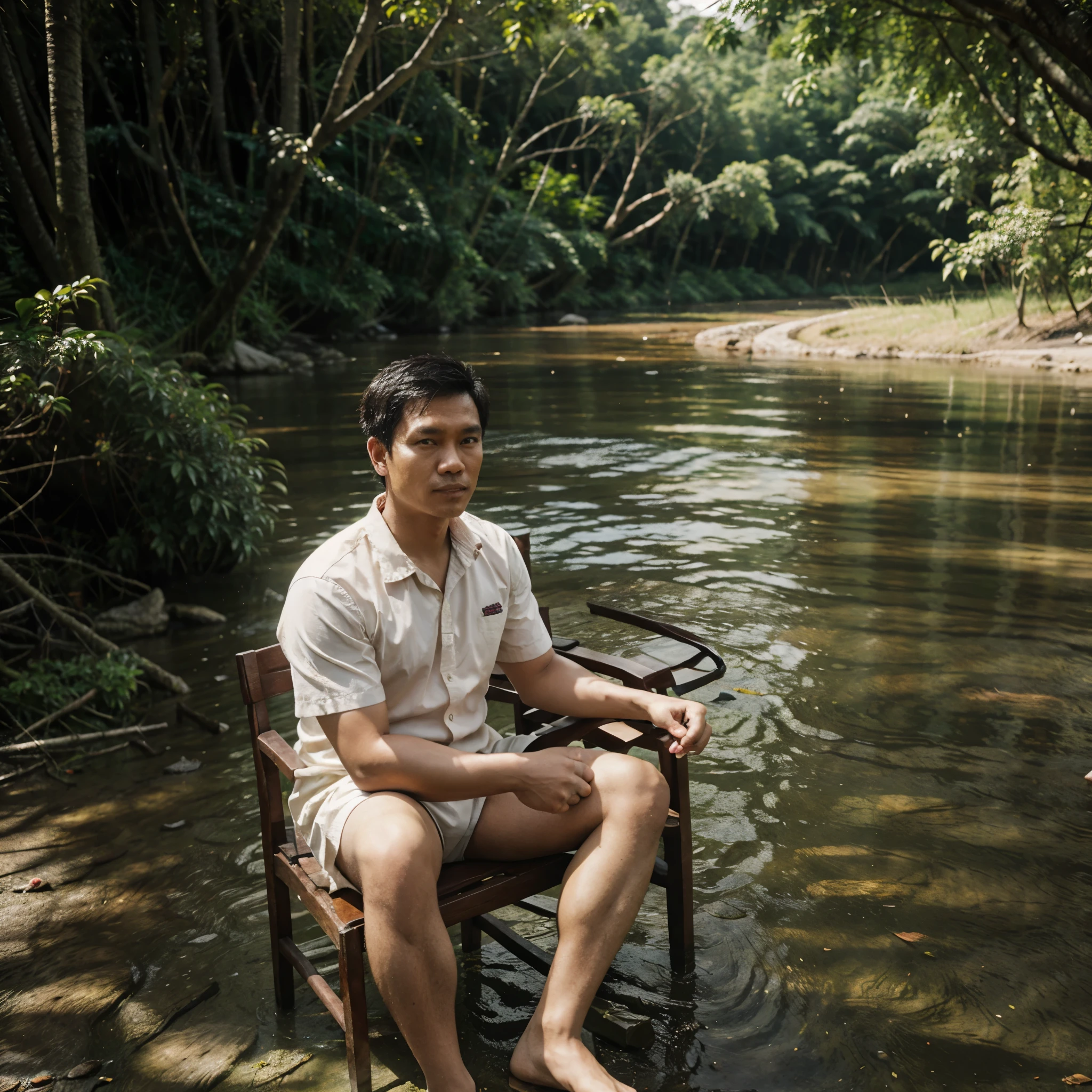 Indonesian Man sit a chair behind river side forest
