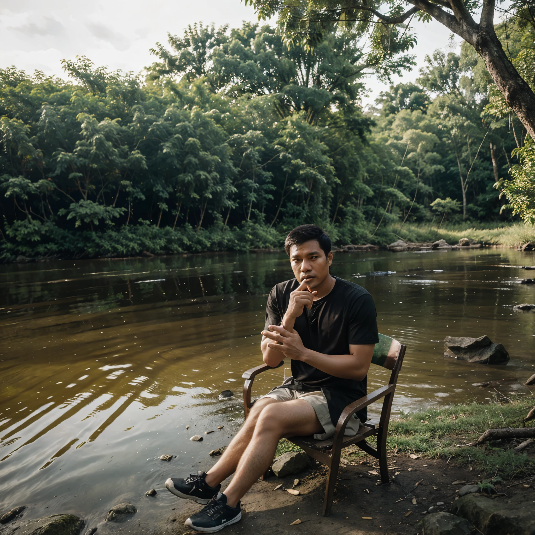 Indonesian Man sit a chair behind river side forest 