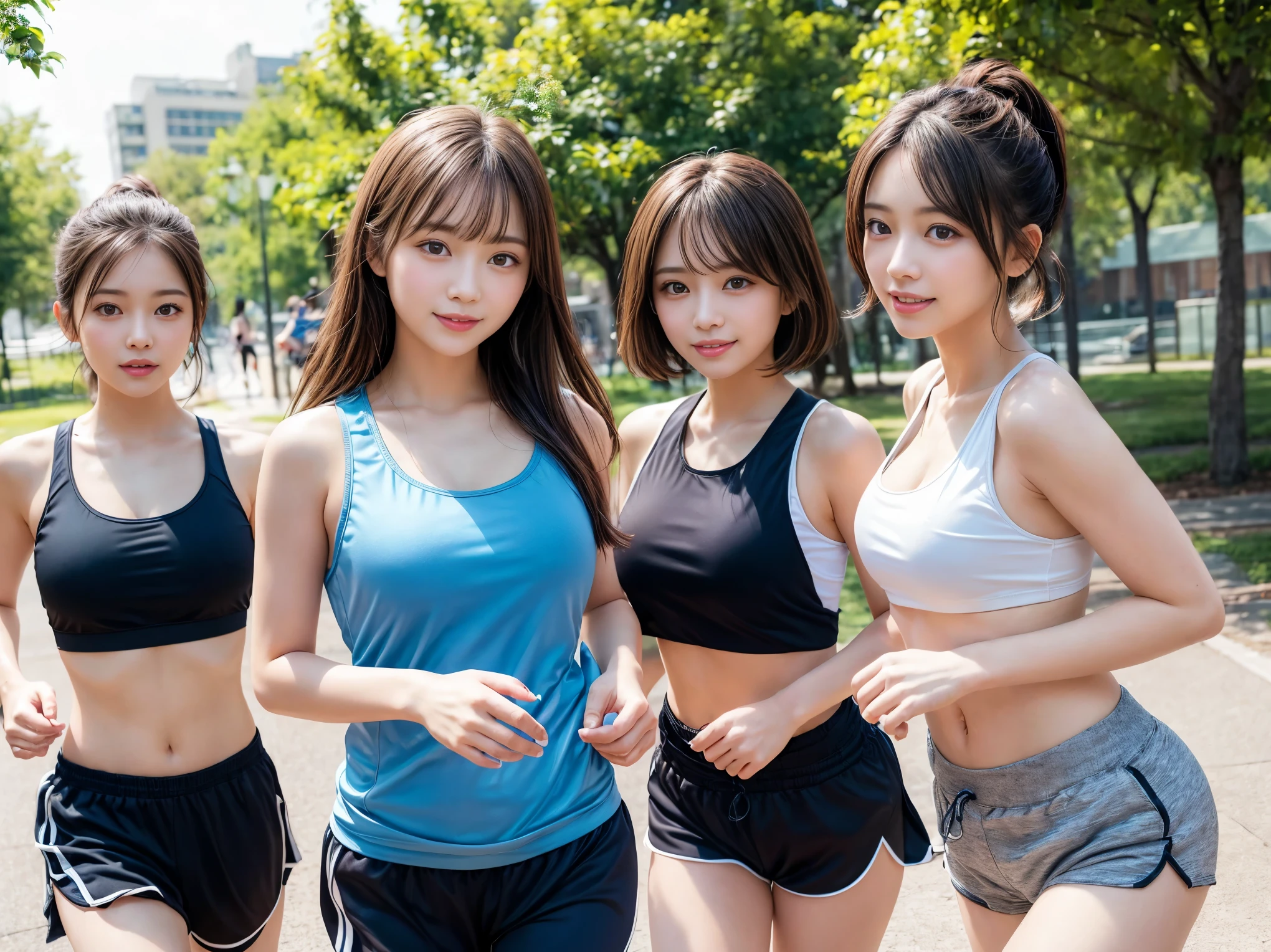 ((masterpiece)), ((highest quality)), (Super detailed), ((very detailed)), 4k, (8k), highest quality, (beautiful), shape, anime style, monochrome, grayscale, genuineistic, genuine, dynamic angle, Upper body, thick outline, clear outline, whole body concentration, at the park, (three girls, Three cute girls), (Tank top, shorts),beautiful light brown hair, beautiful brown eyes, ((beautiful eyes)), short hair, big breasts, light smile, (jogging:1.5), shiny, shine