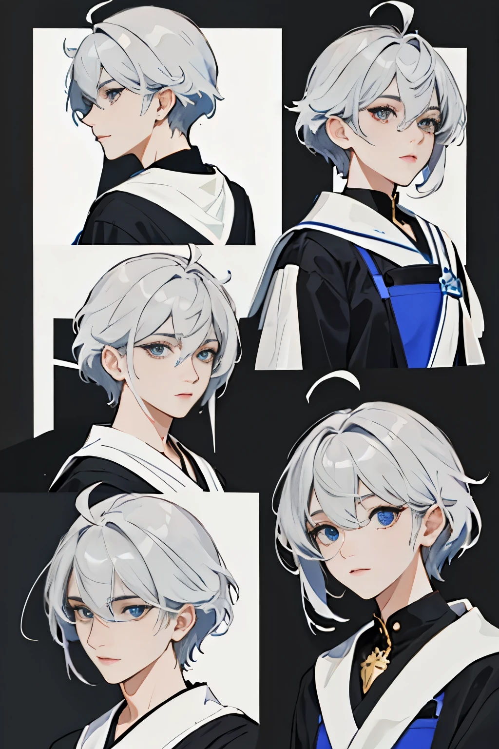 Chibi character depicted in full-length illustration showing glossy silver short hair with pronounced ahoge, bangs lay softly between eyes of bright silver hue, detailed eyes and facial features, dressed in Japanese school uniform on minimalist background, digital painting, hair details emphasized, definition of small figure with fine contours, simple background provides focus on the character, shiny hair texture catches the light, ultra fine detailing of eyes and expression, golden ratio composition, captivating