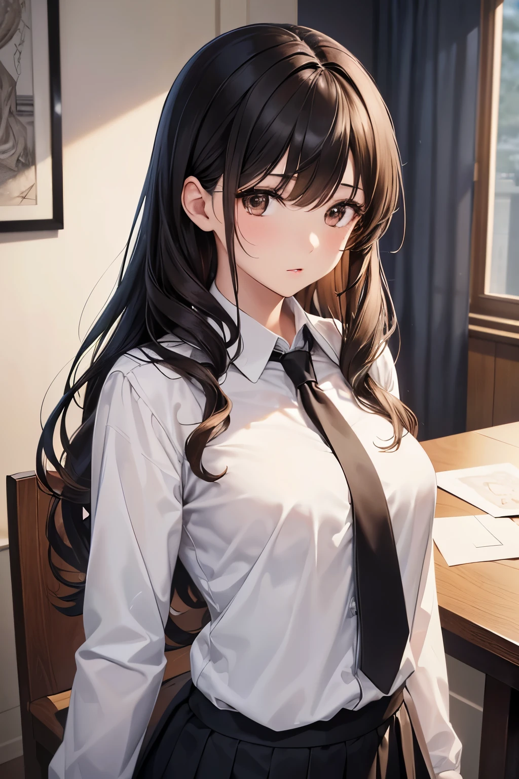 ((highest quality)),(ultra high resolution),(Super detailed),(detailed description),((best CG)),(best work of art),super precision art,great drawing art,(Art with precise details:1.5), Portrait:1.6,bust shot:1.4,(1 woman:1.5),beautiful and well-shaped face:1.5、 Japanese、girl,Slender、(white blouse:1.2)、gray tie、small face、brown eyes、tall、 highres,black hair、long hair、classroom、uniform、17 years old、(standing facing left:1.2)、Mature、curly hair