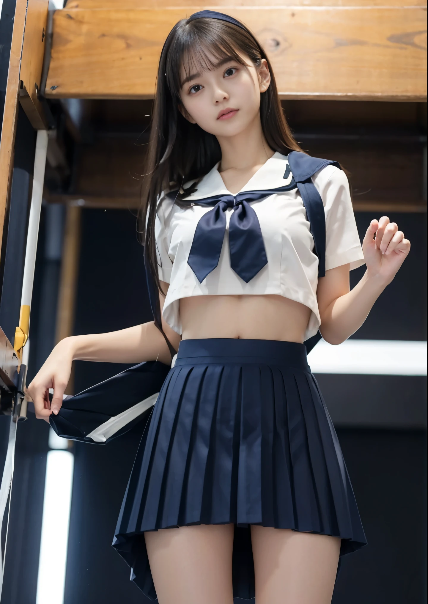 smile、((NSFW))、((camel toe))、((female organ:1.1))、(masterpiece, best image quality:1.2), 8k, 15 years old, beautiful girl, (When I lift up my short navy blue skirt, you can see her naked lower abdomen.、I can see your crotch:1.8)、short sleeveの白シャツ、cute face、 body shot、school uniform、 (navy pleated skirt:1.1)、thighs、short sleeve、sunset、orange light、Tucked up skirt
